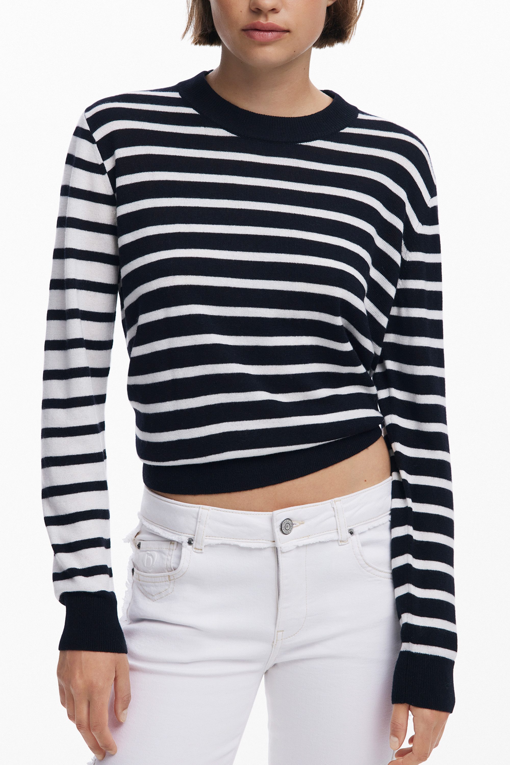 Desigual Вязаные свитера Damenpullover Schwarz: Langarm gestreift, Rundhals mit Stickerei