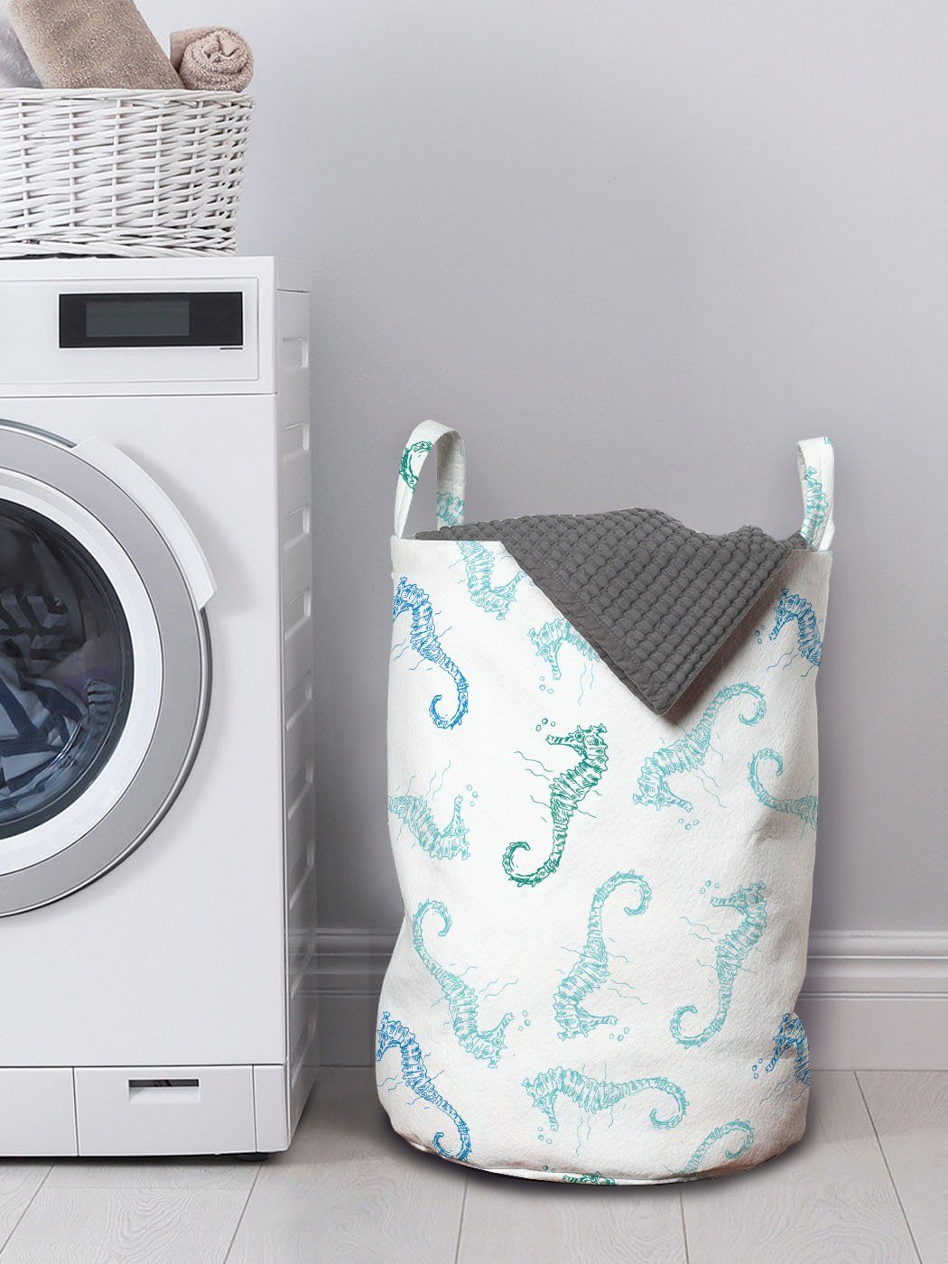 Wäschekorb mit Abakuhaus Tier für Kordelzugverschluss Griffen Seahorse Kontur Nautical Waschsalons, Wäschesäckchen