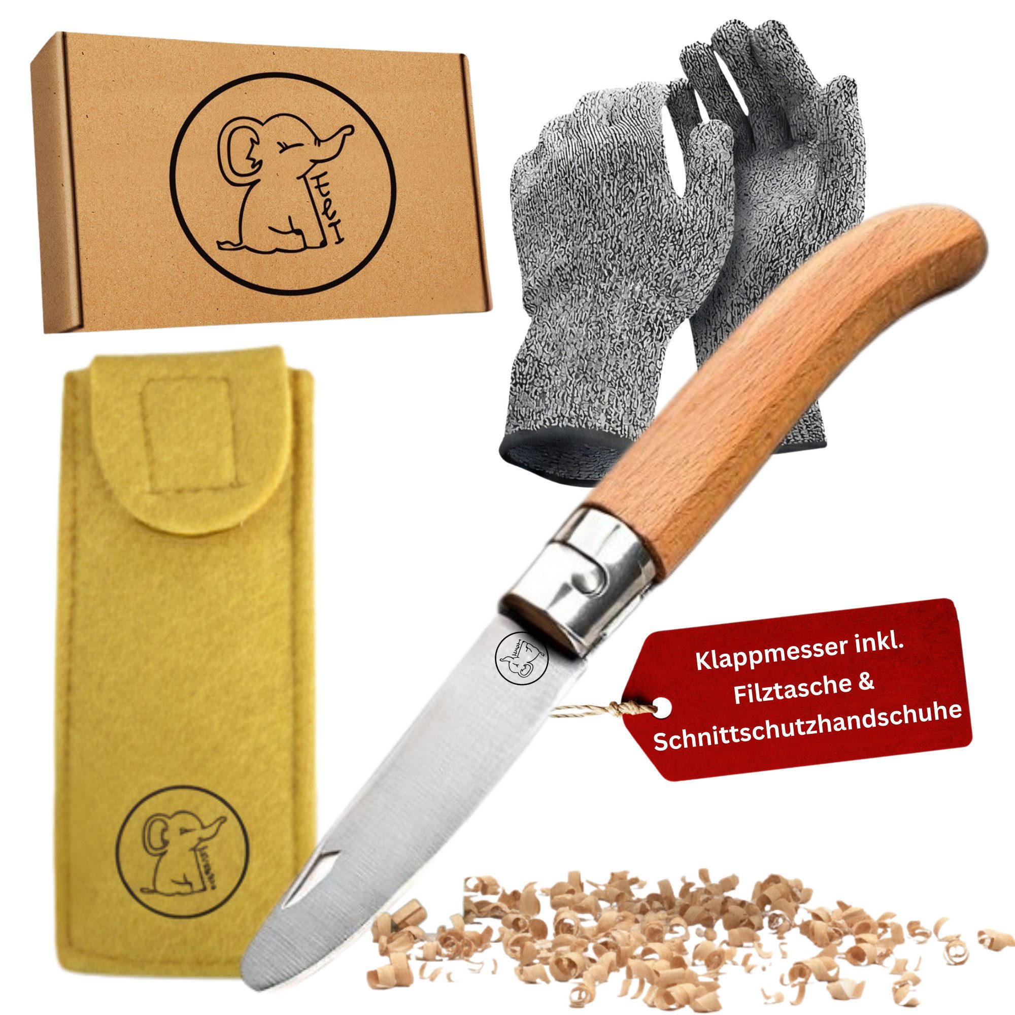 Eli Taschenmesser Schnitzmesser Kinder - Kindermesser mit Filztasche Kindertaschenmesser, (Schnitzwerkzeug - Outdoor Messer, Kinderschnitzmesser - Griff aus Buchenholz), inkl. schnittfeste Handschuhe - Beidhändig - rostfreier Stahl