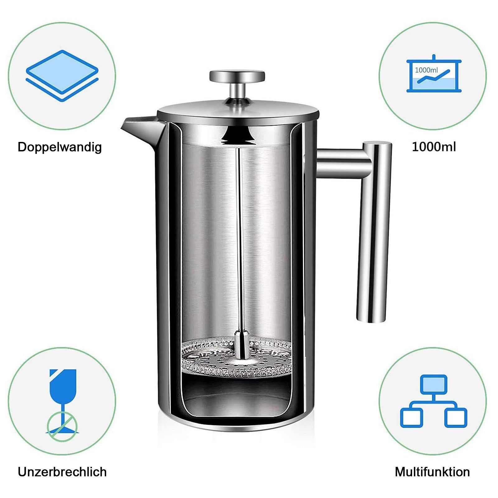 OZAVO Kaffeebereiter 5 Edelstahl-Filter Φ9.5cm, French Press Kanne 1L, Kaffeebereiter doppelwandig,Edelstahl