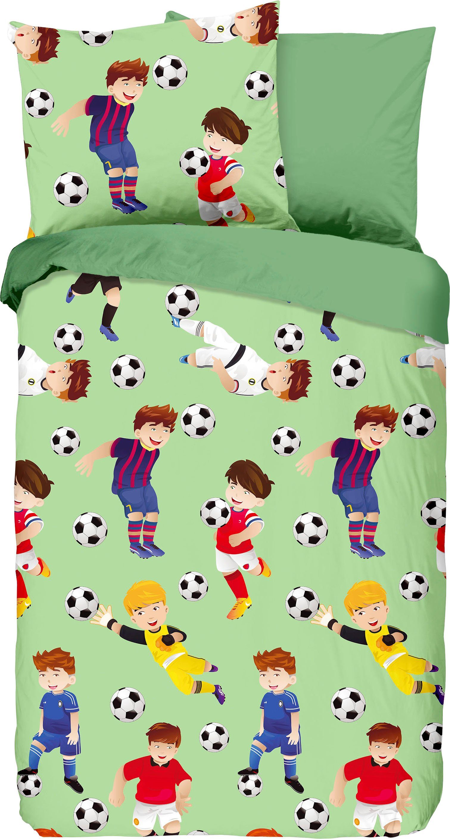 Kinderbettwäsche Go, good morning, Renforcé, 2 teilig, mit Fußball-Motiv,  Lebendige Farben und schöne Muster bringen Sie zum träumen.