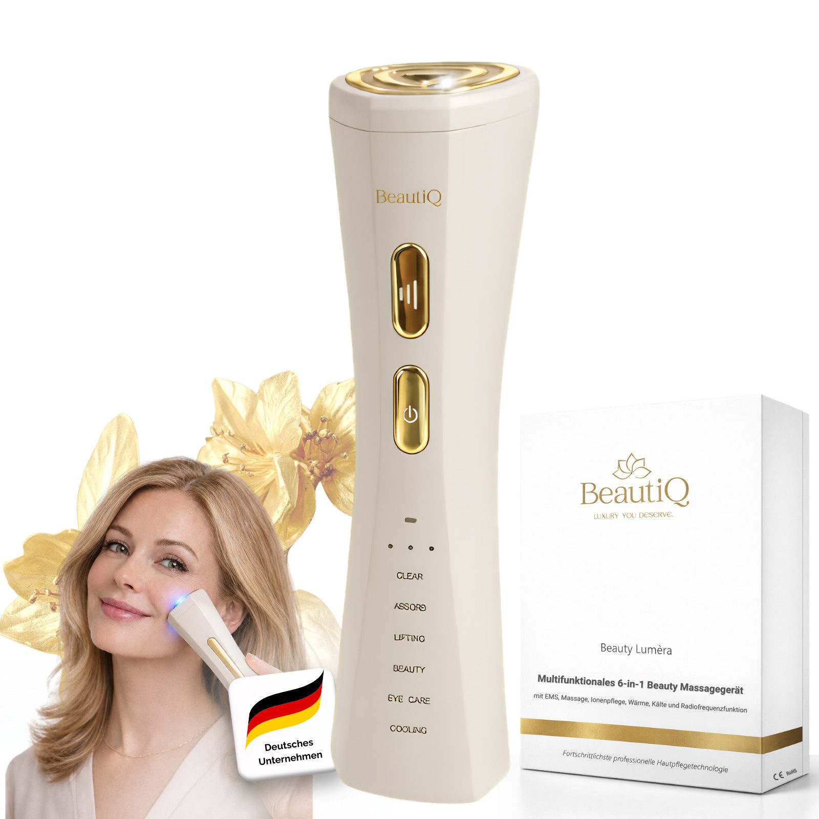BeautiQ Gesichtsmassagegerät Lumèra PRO 6 in 1 [Beauty-Neuheit], EMS, Anti-Aging Innovation, Full Inclusive Beauty Set, EMS, Radiofrequenz, LED-Lichttherapie, Vibration, Tiefenreinigung, Lifting-Modus, Augenpflege, Kühlung, Anti-Aging