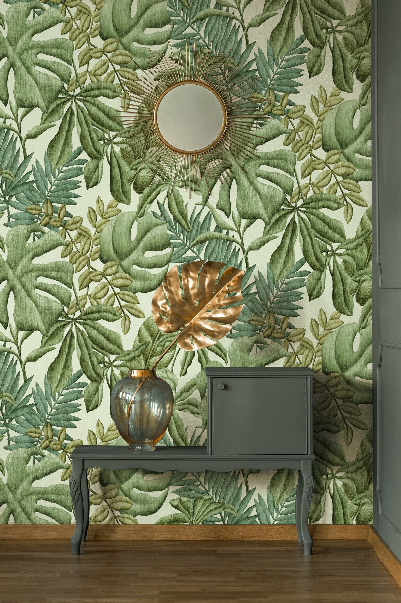 living walls Vliestapete LIMITED – Green Jungle Fototapete, leicht strukturiert, naturalistisch, tropisch, botanisch, (3 St), Dichtes Dschungelmotiv mit lebendigen grünen Blättern