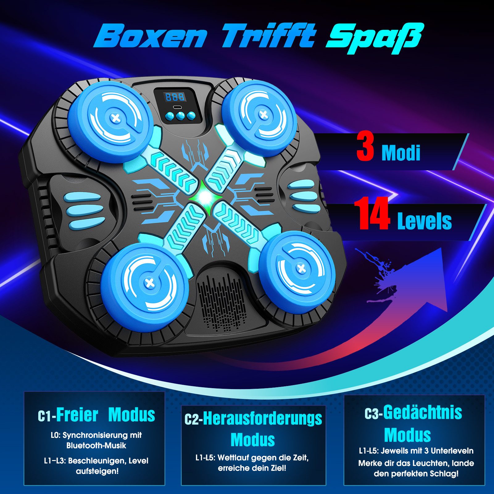 Wootoy Boxsack Boxmaschine Kinder Bluetooth Music Boxing Machine mit LED-Licht (mit 3 Spielmodi Boxhandschuhe, 1-tlg., Boxspielzeug), Wandmontage ohne Bohren – Bild 2 von 5
