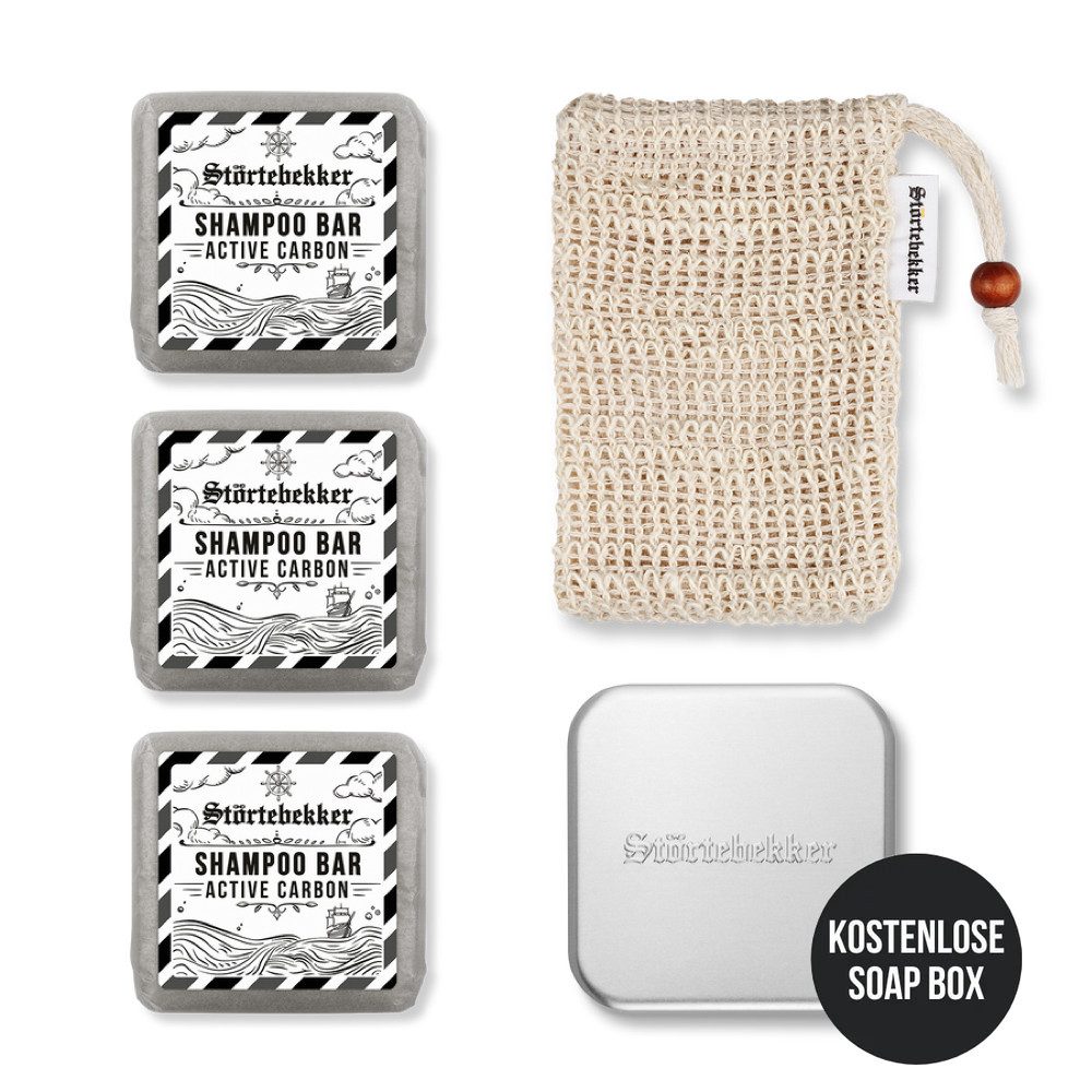 Störtebekker Festes Haarshampoo Duschset - 3x Shampoo, Soap Bag und GRATIS Seifendose, Veganes Shampoo, praktische Aufbewahrung, handgefertigt in Holland