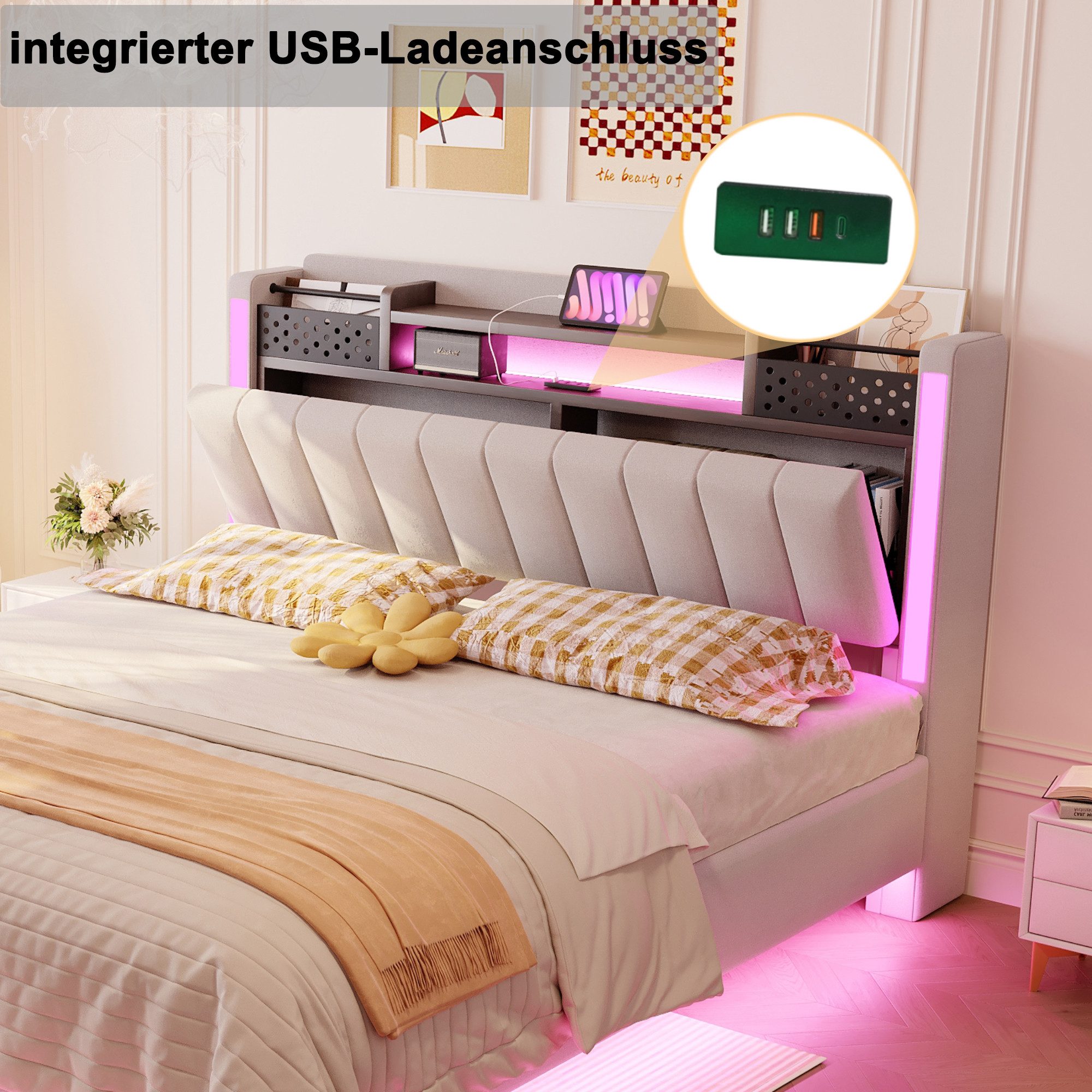 Flieks Polsterbett, LED Schwebebett Doppelbett 140x200cm mit USB-Aufladen und Stauraum