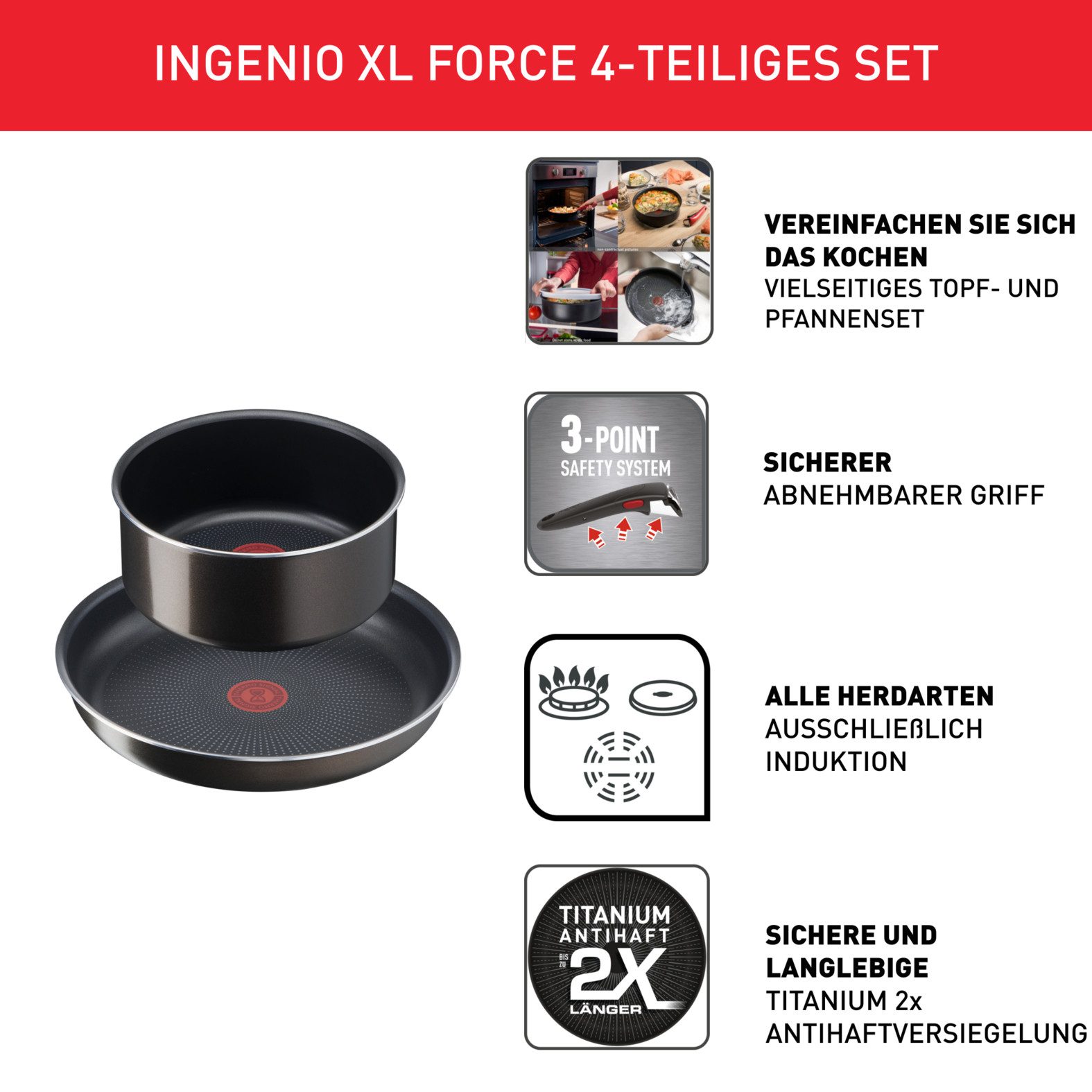 Tefal Topf-Set Ingenio XL Force, Topfset abnehmbarer Griff, nicht induktionsgeeignet, Aluminium (Set, 4-tlg., 3x Stielkasserollen Ø 16/18/20 cm, 1x abnehmbarer Griff), stapelbar, platzsparend, Topfset mit Antihaftversiegelung, L15890