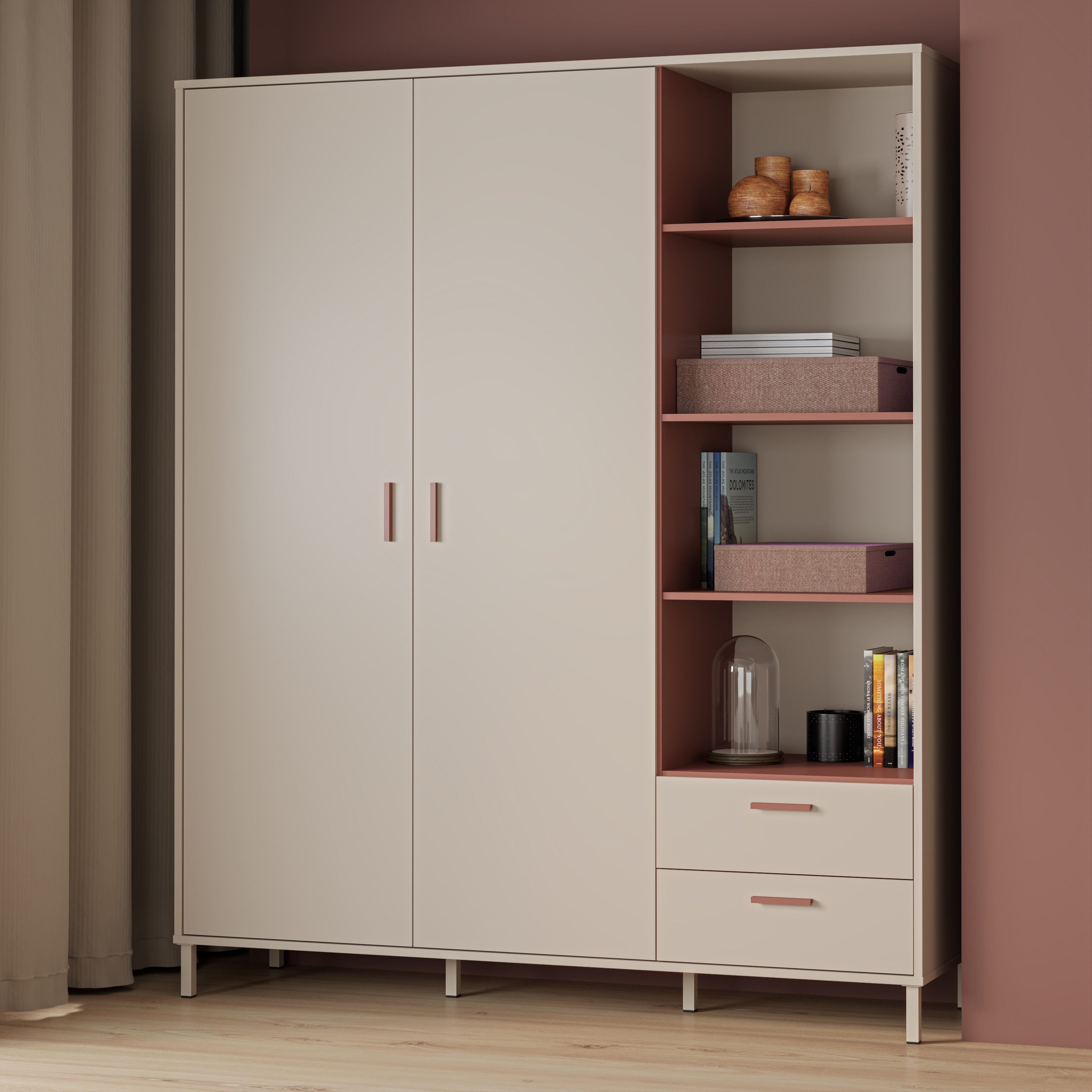 FORTE Kleiderschrank Milles trendiges Dekor, Vollauszug Schubkästen, Metallbeine