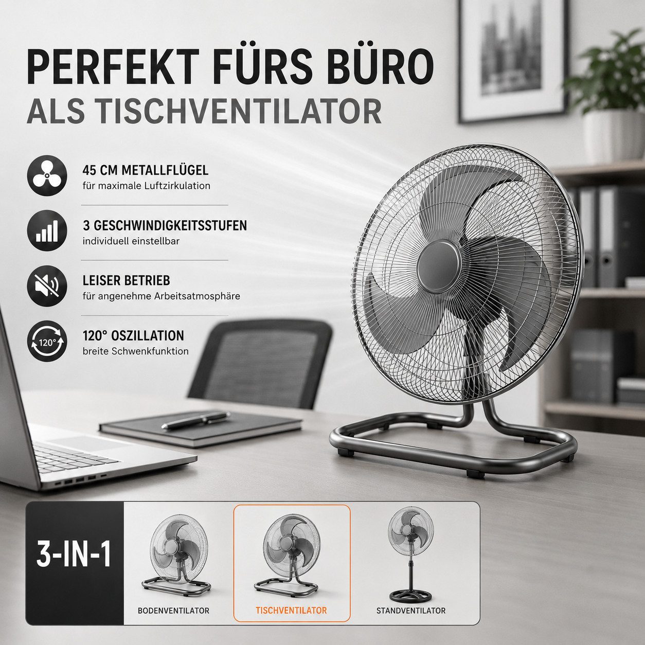Ertex Standventilator BIG Standventilator 45W Ventilator 46 cm Höhe 130 cm, 3 in 1 STARK