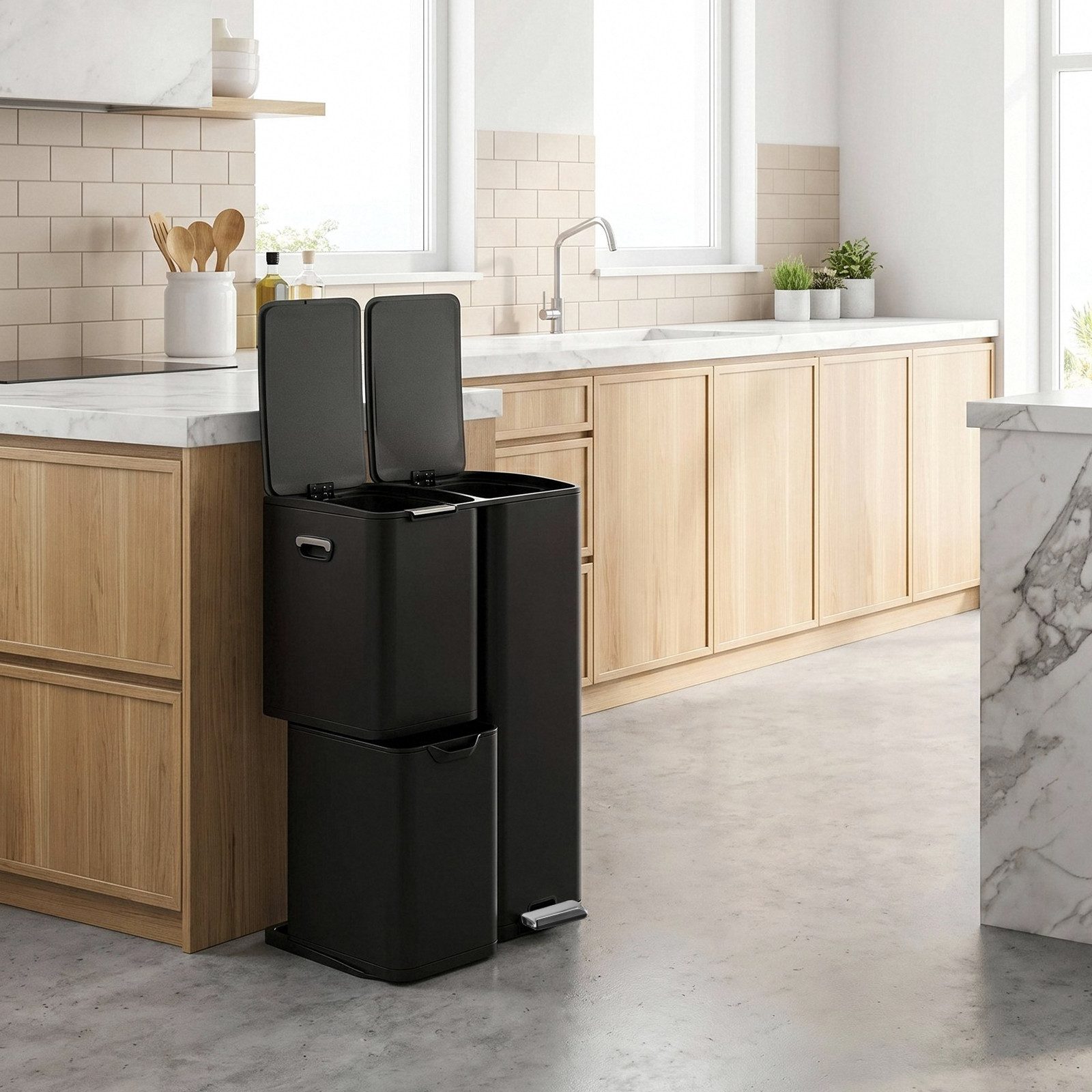TLGREEN Mülltrennsystem 60L Edelstahl Abfallsammler mit 3 Fächern,Pedal- und Handbedienung, Soft-Close Deckel, Anti-Fingerabdruck, für Küche & Wohnzimmer