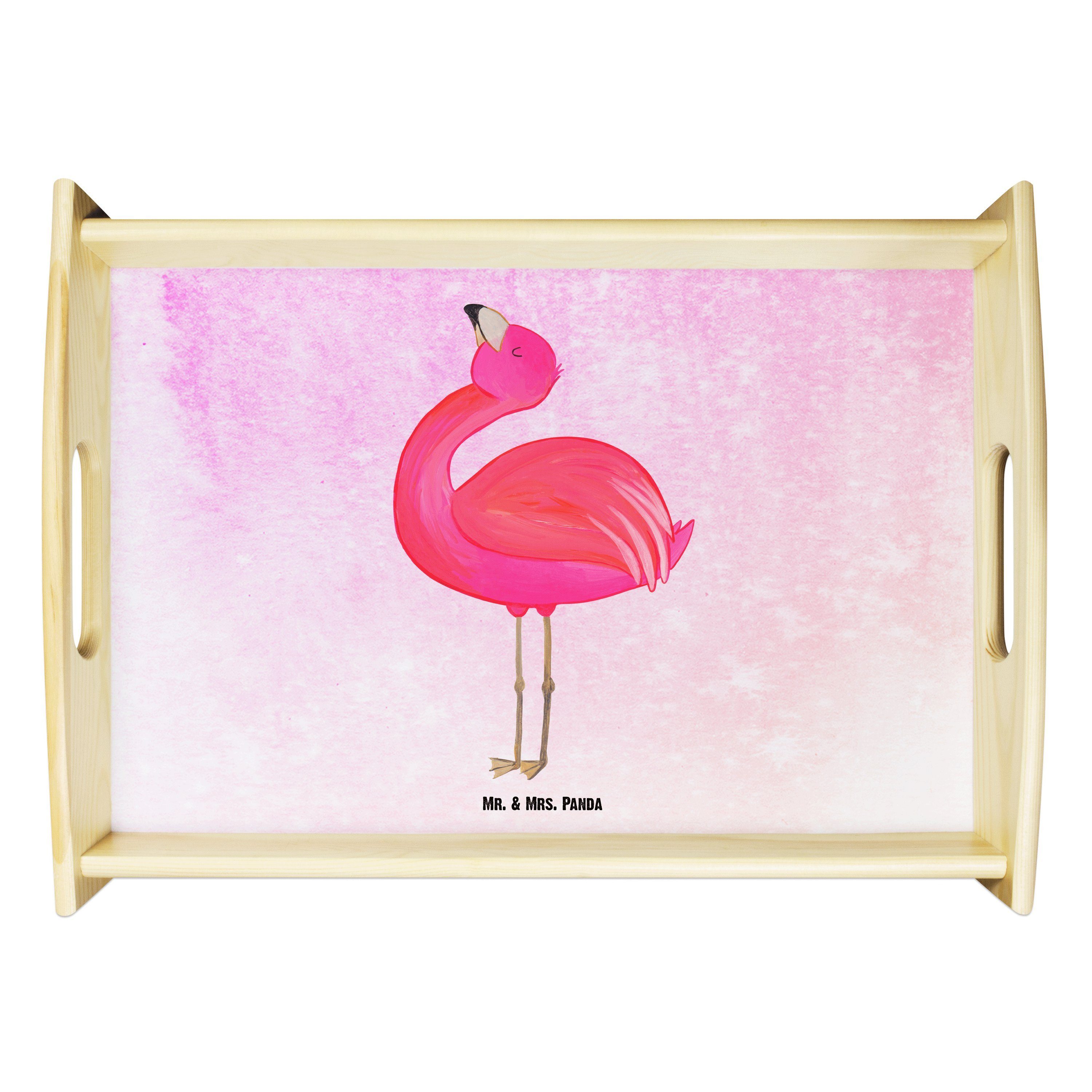 Mr. & Mrs. Panda Tablett Flamingo stolz - Aquarell Pink - Geschenk, glücklich, Küchentablett, Echtholz lasiert, (1-tlg)