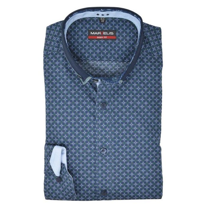 MARVELIS Businesshemd Businesshemd - Body Fit - Langarm - Muster - Blau Allover-Print & Besatz