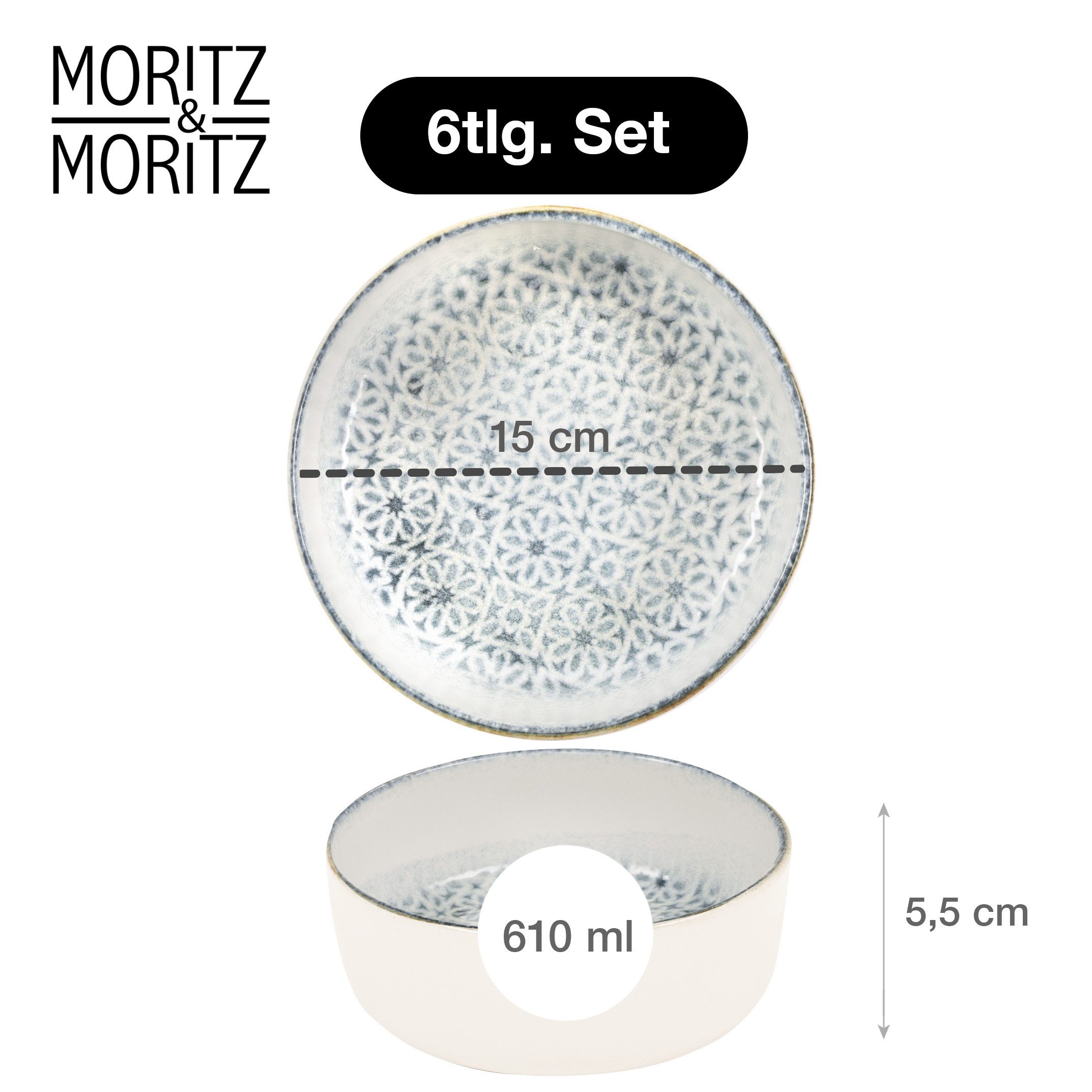 Moritz & Moritz Müslischüssel ALHAMBRA Müslibowls Blau, Steinzeug, (Set, 6-tlg), Hochwertiges Steinzeug, Spülmaschinengeeignet