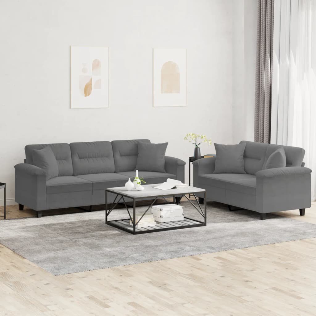 vidaXL Sofa 2-tlg. Sofagarnitur mit Kissen Dunkelgrau Mikrofasergewebe