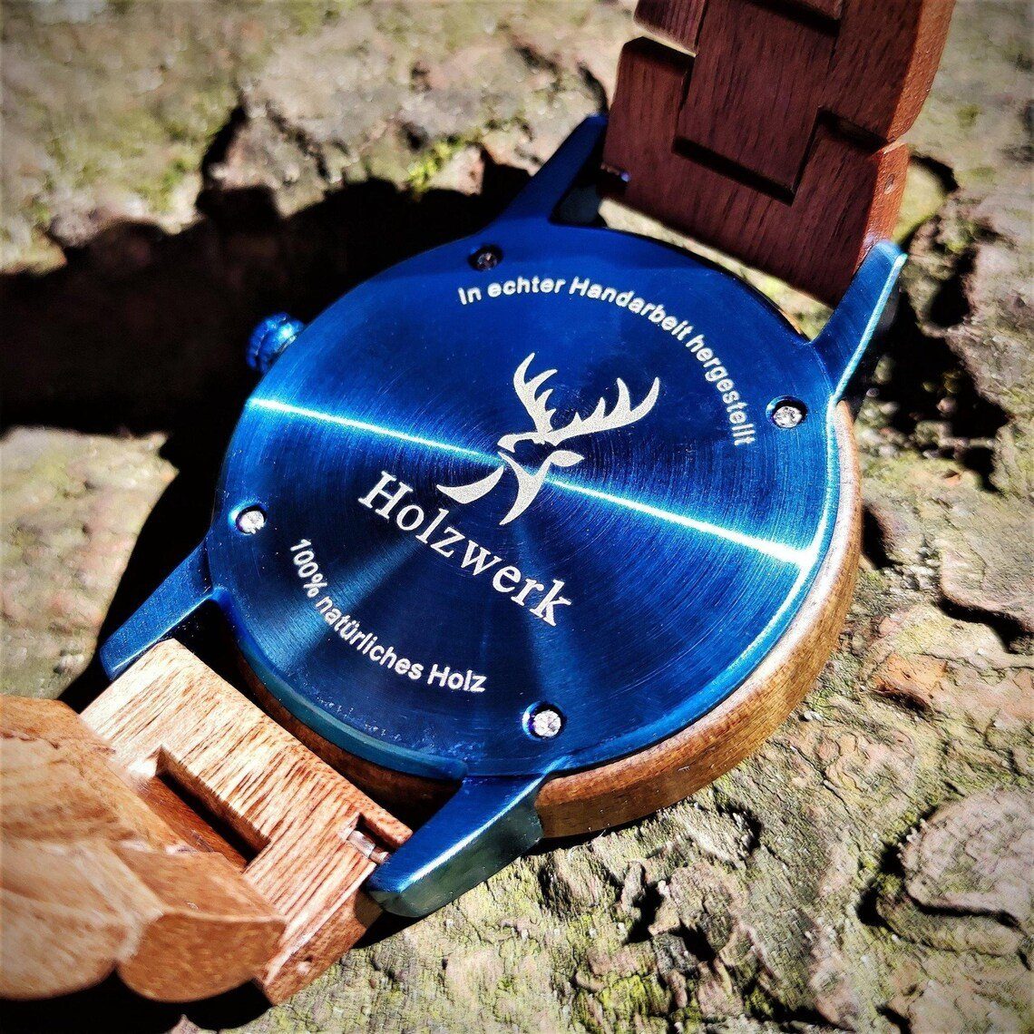 mit Herren braun, GARDING Holzwerk blau weiß Quarzuhr & Holz Armband Damen Datum, & Uhr