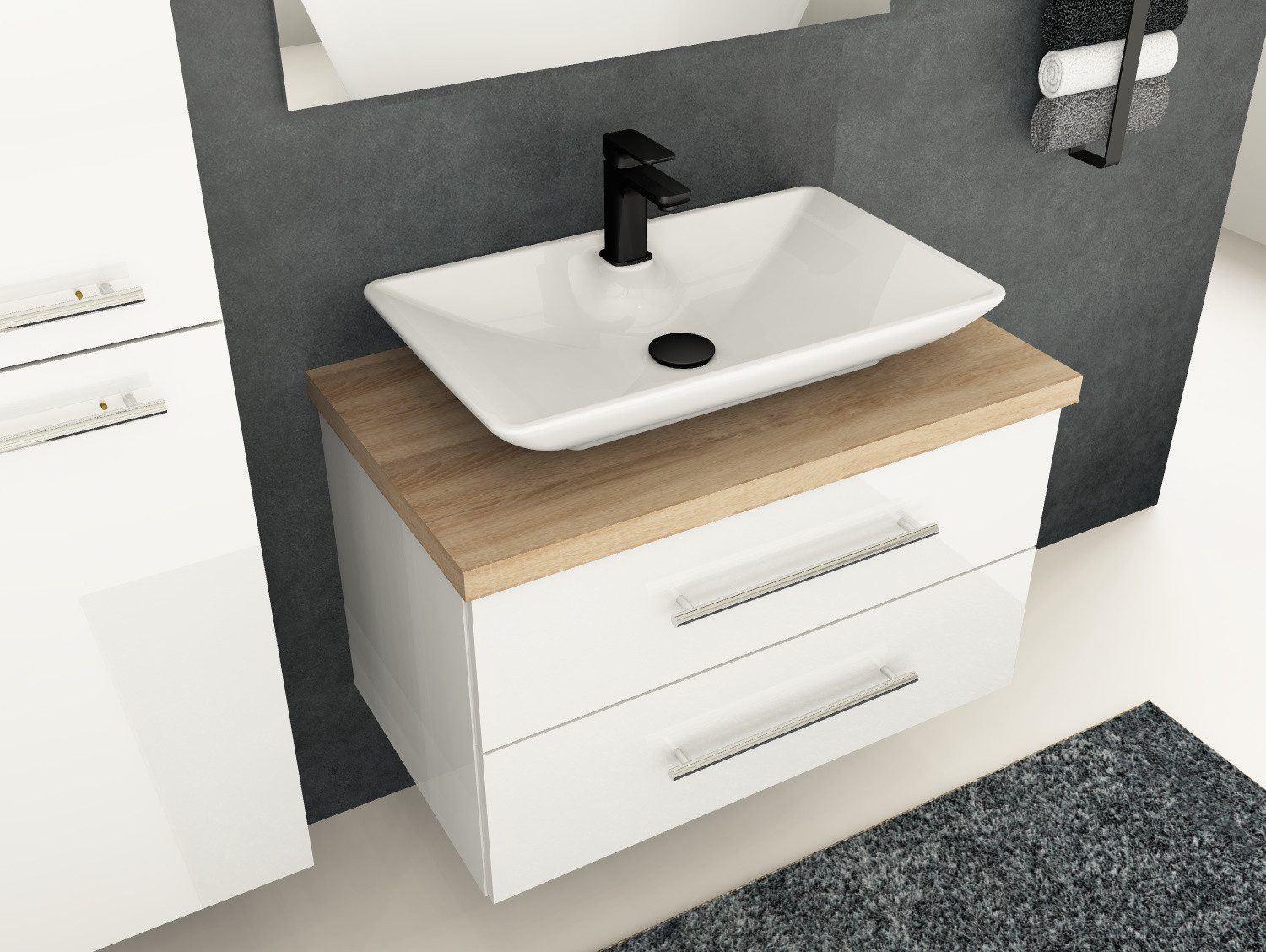 Aqua Bagno Badmöbel-Set Flex Badmöbel 80 cm, Aufsatzbecken mit Überlauf, Weiß Hochglanz, (vormontiert, 3-St., Badmöbelschrank lackiert, Trägerplatte, Keramikwaschbecken), einfache Montage, Skandi