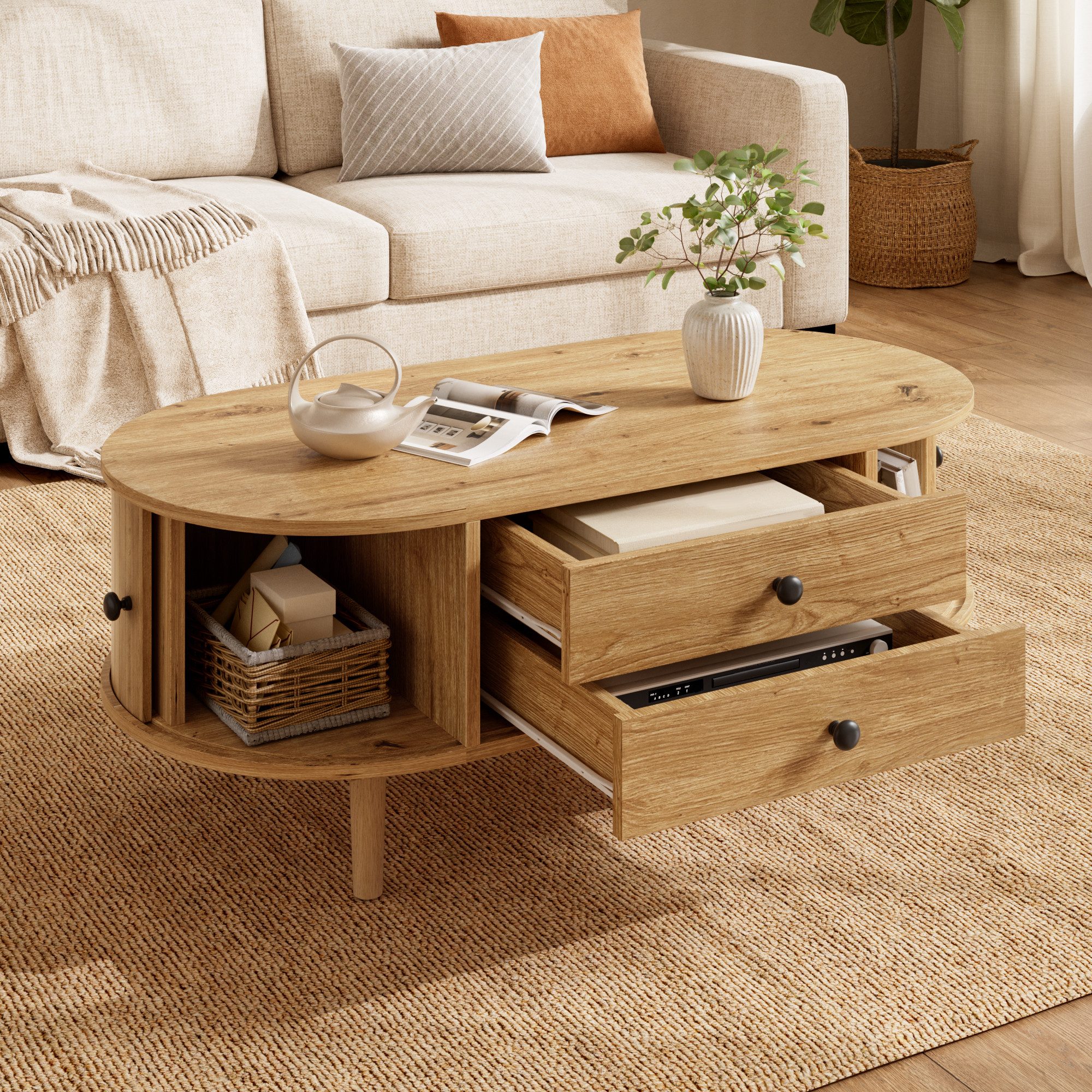 Merax Couchtisch Oval Sofatisch mit vertikalen Leisten in Holzoptik (1-St., 100x50x40 cm), Wohnzimmertisch mit Schiebetüren, 2 Schubladen & Stauraum – Bild 2 von 5