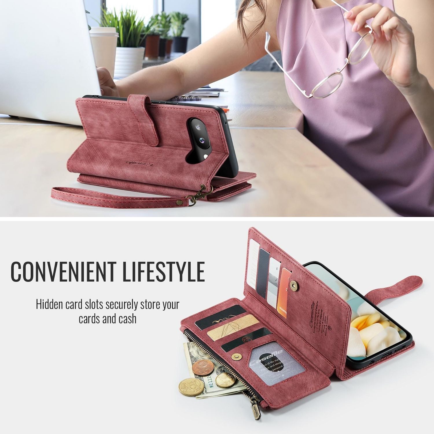 CaseMe Handyhülle Für Google Pixel 9a Kunstleder Multifunktion C30 Wallet Tasche Rot, Kunst-Leder Schutz Tasche Smart Case Multifunktion