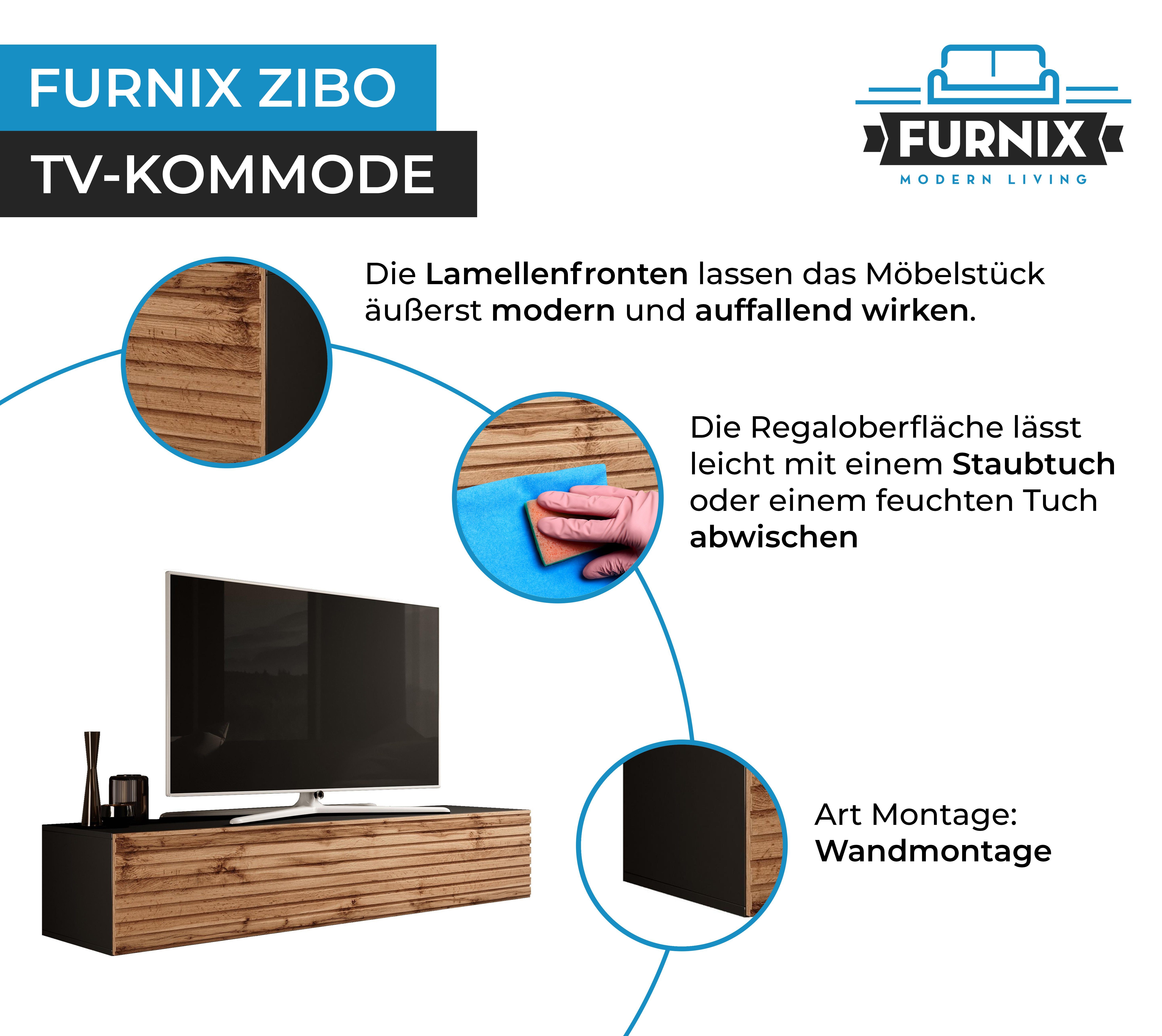 Furnix TV-Schrank Lowboard cm Designerschrank B160 T40 Lamellen x x ZIBO Hängeschrank Lamellenfront Schwarz/Wotan mit 160 H34