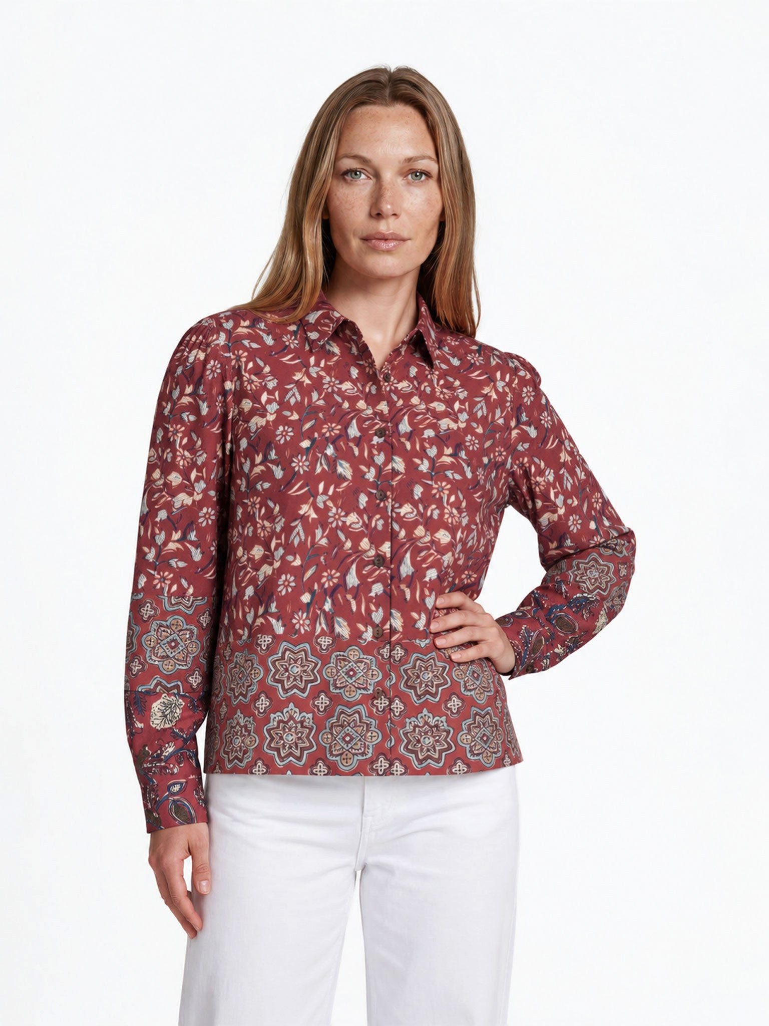 Himalaya Clothing Langarmbluse Damen Bluse Viskose floral Bordürenprint Regular Fit Langarm casual Klassischer Hemdkragen mit durchgehender Knopfleiste und pflegeleicht