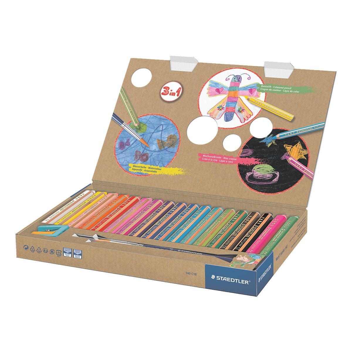 STAEDTLER Buntstift Noris® junior, (18-tlg), 3in1 (Bunt-/ Wachs-/ Aquarellstift), inkl. Spitzer & Pinsel