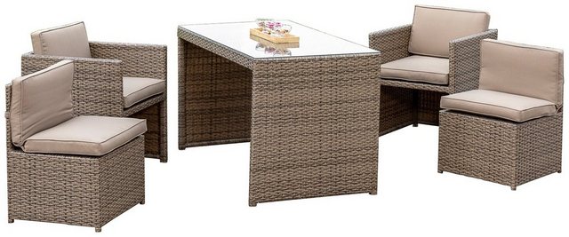 MERXX Loungeset Merano for 4, 13-tlg., 4 Sessel, Tisch 128x70 cm, Polyrattan