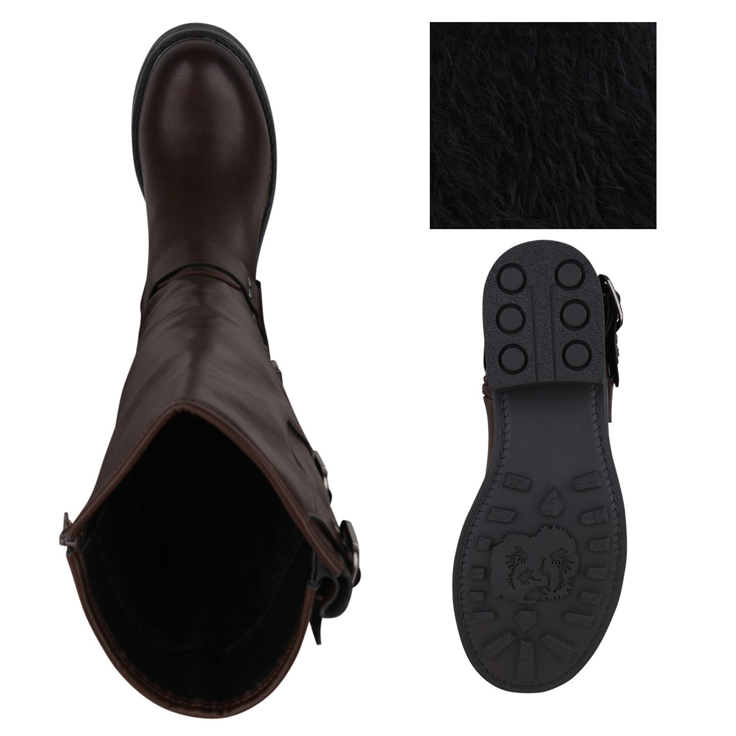VAN HILL 840848 Stiefel Damen Leicht Gefütterte Bikerstiefel Schnallen Nieten