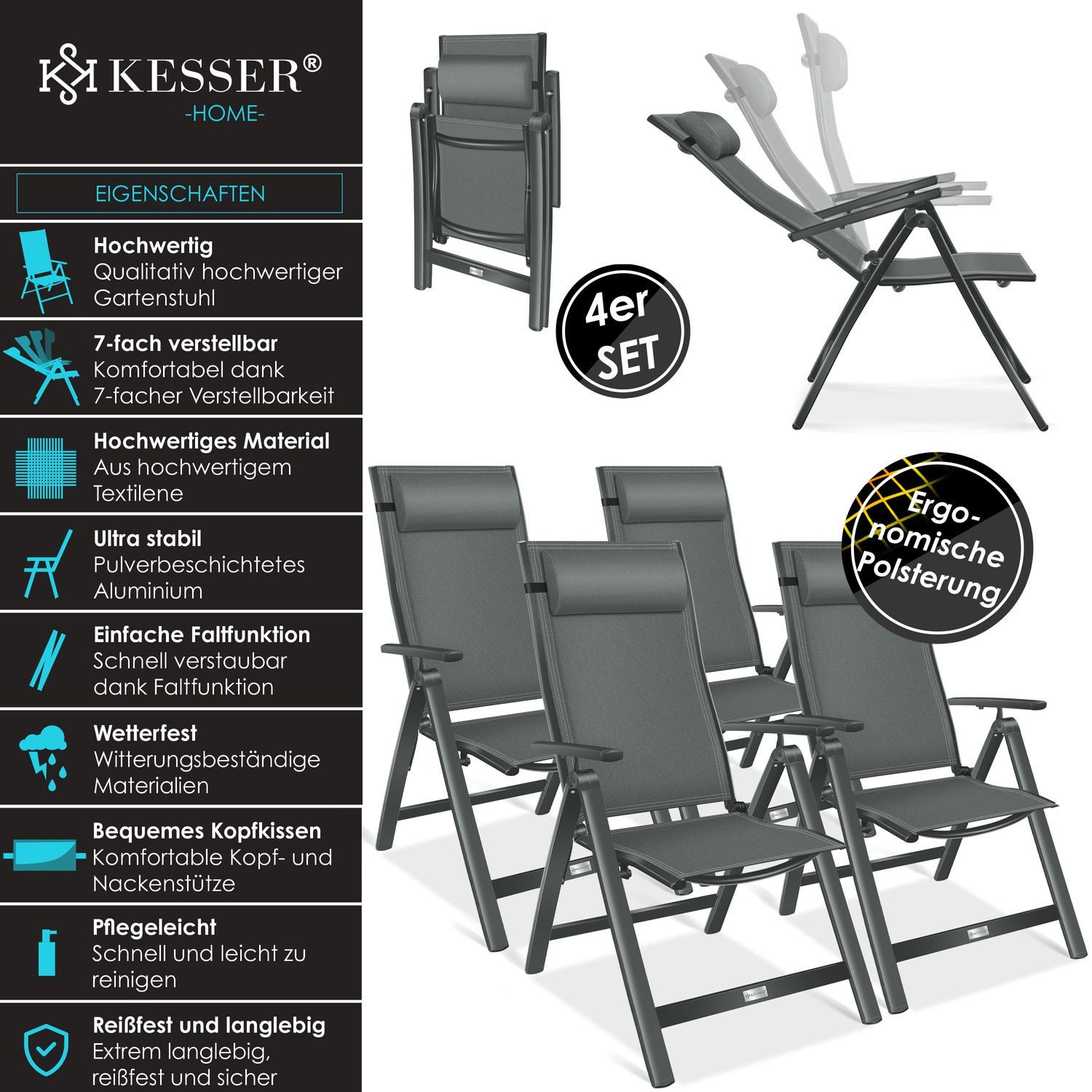 KESSER Gartenstuhl (4 St), Hochlehner mit Armlehnen Aluminium Klappstuhl günstig online kaufen