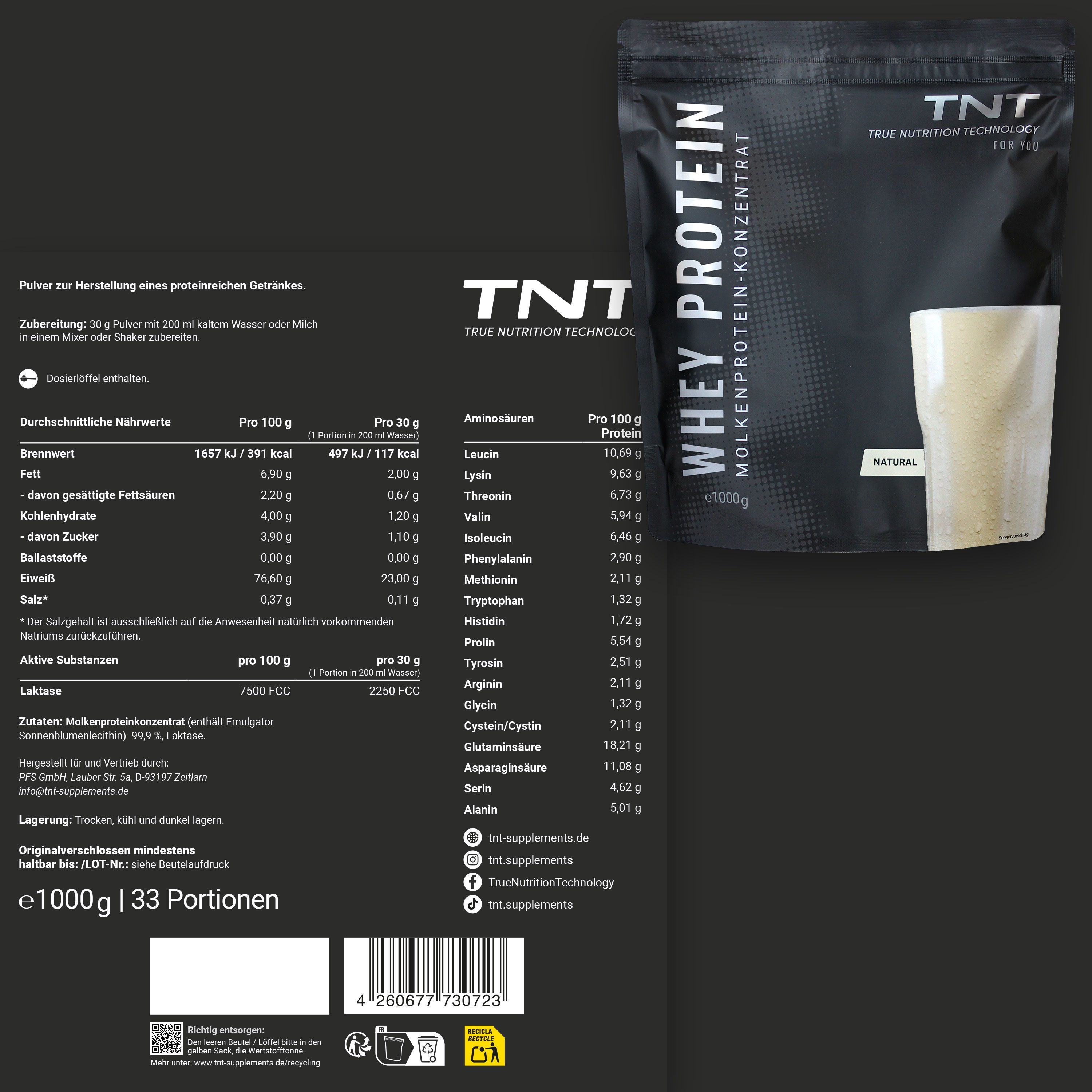 TNT (True Nutrition Technology) Whey Protein - Molkenprotein-Konzentrat für Muskelaufbau und Diät Pulver