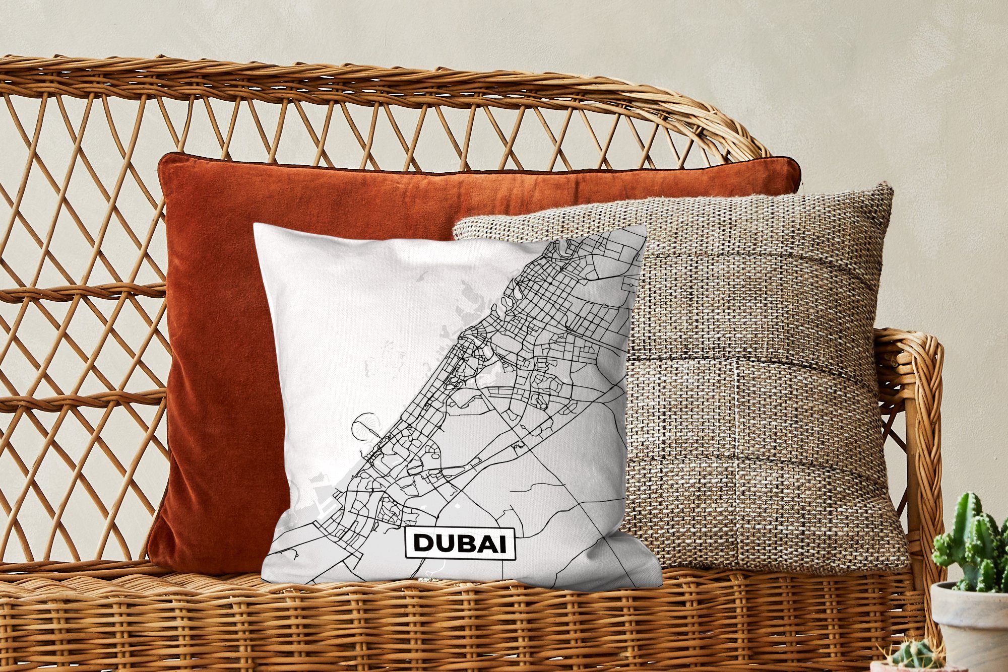 Dekokissen - - Deko, und - MuchoWow Sofakissen Karte, für Schlafzimmer, Weiß Stadtplan Füllung Dubai Wohzimmer, mit Schwarz Zierkissen