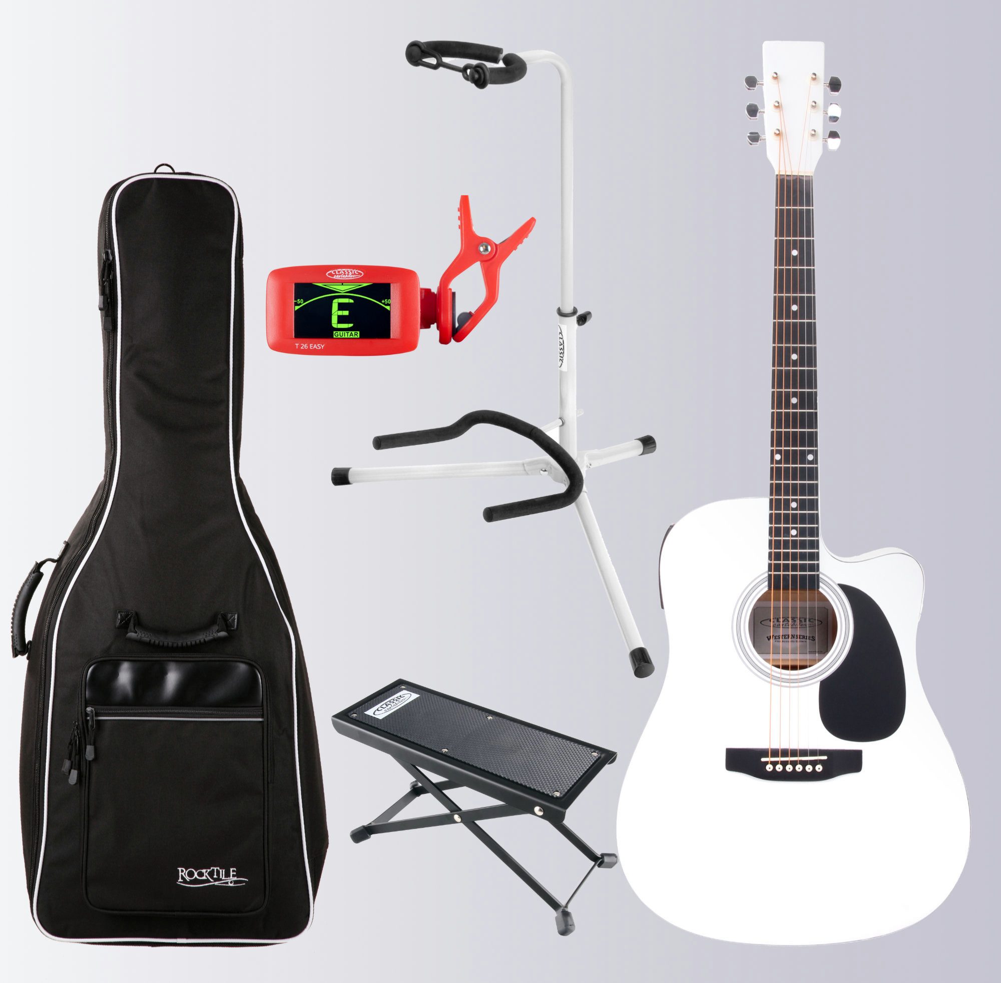 Classic Cantabile Westerngitarre Gitarrenset Dreadnought-Style mit Tonabnehmer - Korpus: Linde, inkl. Tasche, Ständer, Fußbank und Tuner, Spar-Set, inkl. Tasche, Gitarrenständer, Fußbank, Stimmgerät