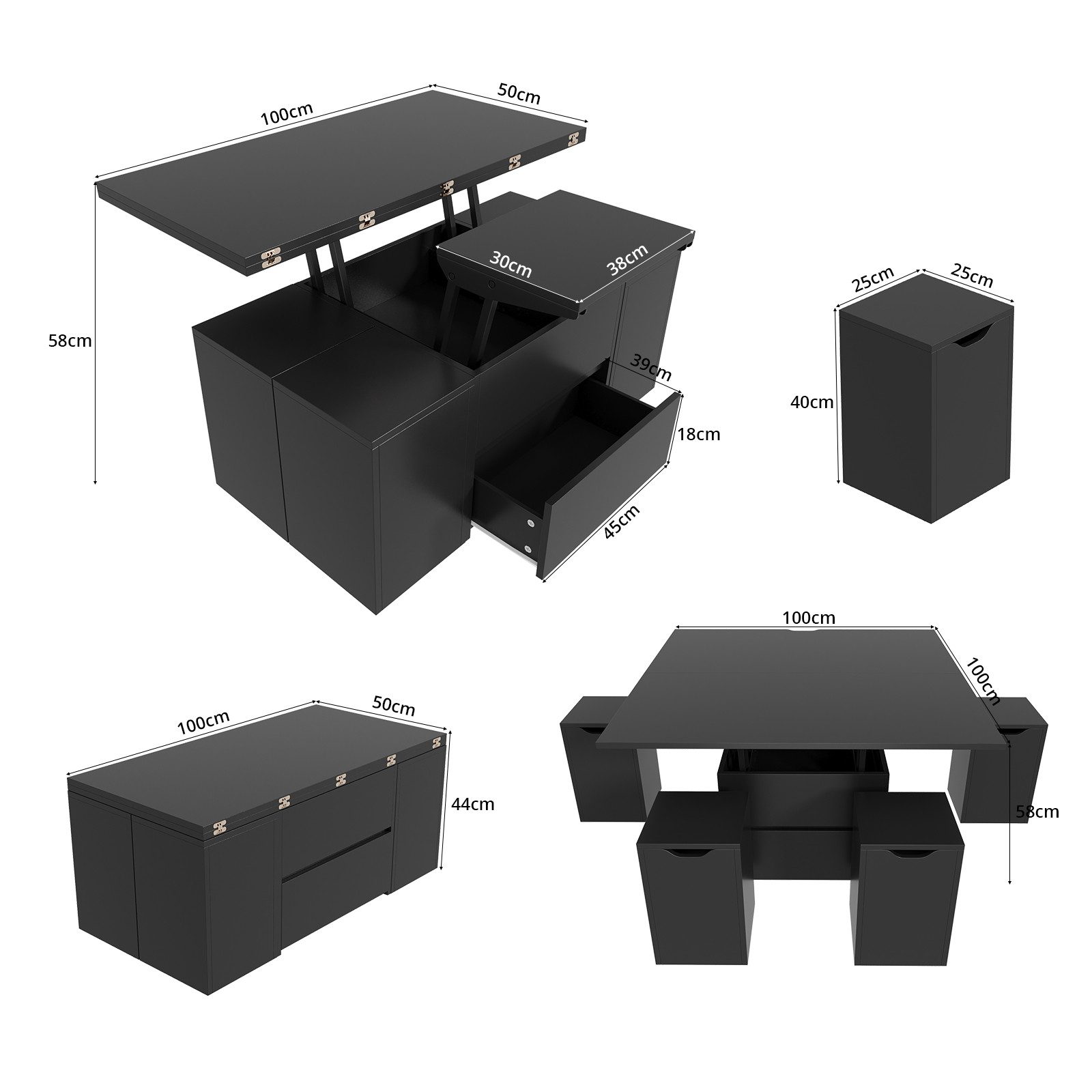 VOWNER Couchtisch Höhenverstellbarer, 4-in-1 Mehrzweckcouchtisch, 4 Stühle, günstig online kaufen