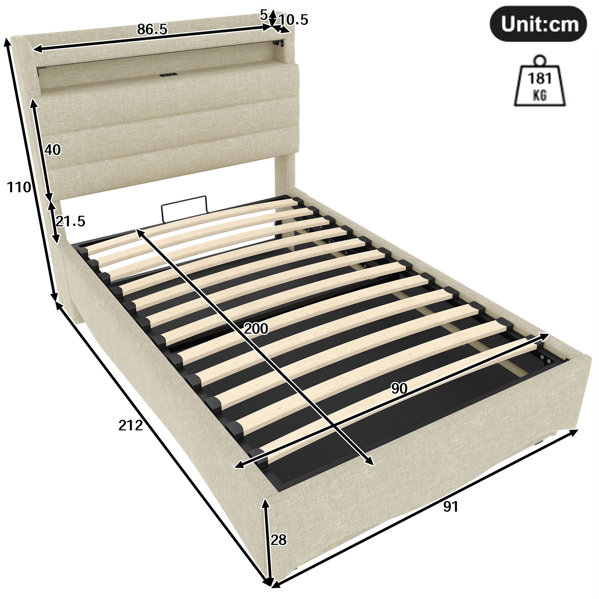 TavilaEcon Boxspringbett Polsterbett mit LED-Beleuchtung und Hydraulikmechanismus (1-St), 90x200cm, mit Ablagefach, USB-/Typ-C-Anschluss, Beige – Bild 4 von 5