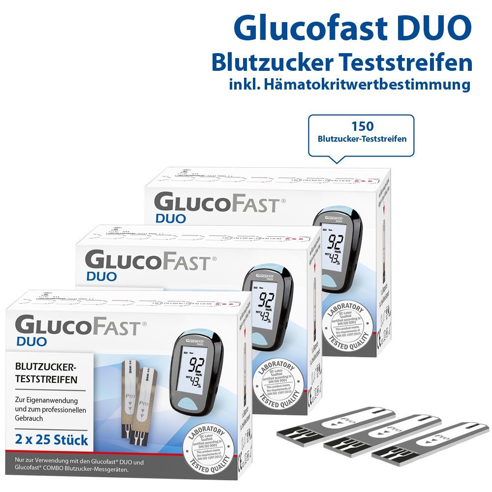 GLUCOFAST Blutzucker-Teststreifen DUO, 150 Diabetes Teststreifen, 150-tlg., Für das Glucofast DUO Blutzucker Messgerät