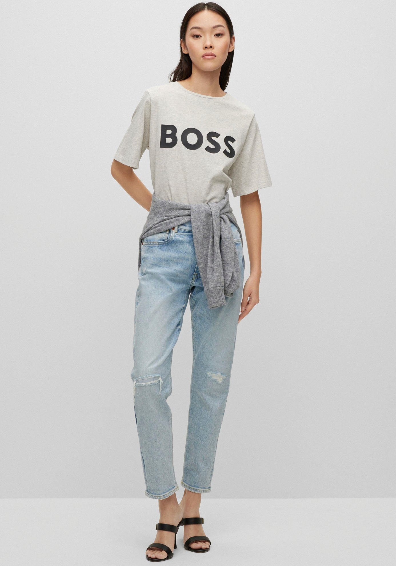 BOSS ORANGE T-Shirt Open BOSS-Kontrastband Ausschnitt am Grey mit innen