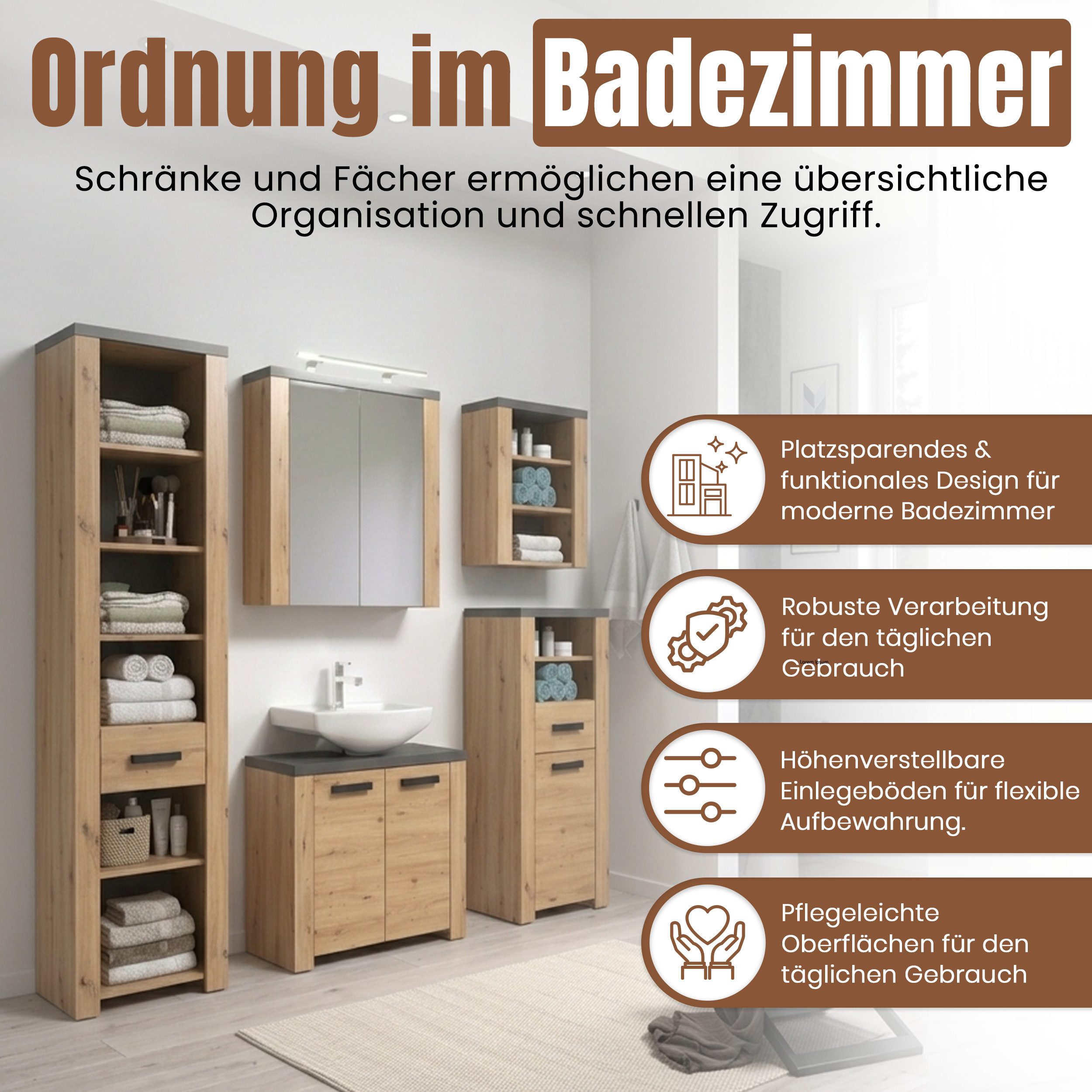 trendteam Badmöbel-Set Badezimmer-Set Follow, Artisan Eiche / Matera grau, 4-teilig, (4-St), Badmöbel, Badkombination, Badezimmer Set, 4-teilig