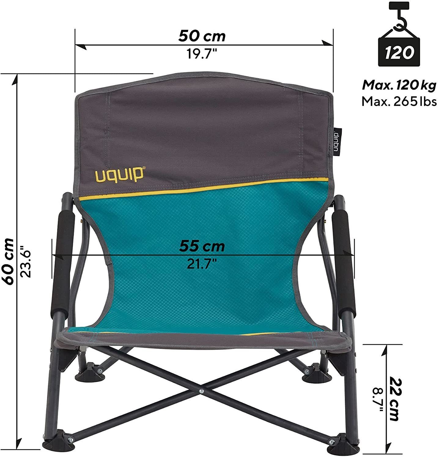 UQUIP Campingstuhl Sandy Strandstuhl - Bequemer Klappstuhl mit Traglast bis  120 kg, niedrige Höhe für bequemen Sitz, breite Füße gegen Einsinken auf  weichem Sand, gepolsterte Armlehnen