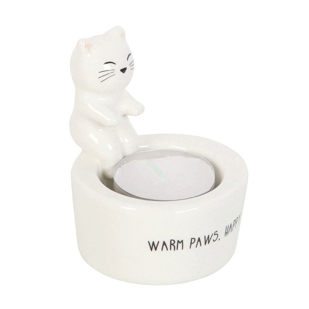 Something Different Teelichthalter Süßer Teelichthalter weiße Katze "Warm Paws Happy Heart", Süßer Teelichthalter weiße Katze "Warm Paws Happy Heart"