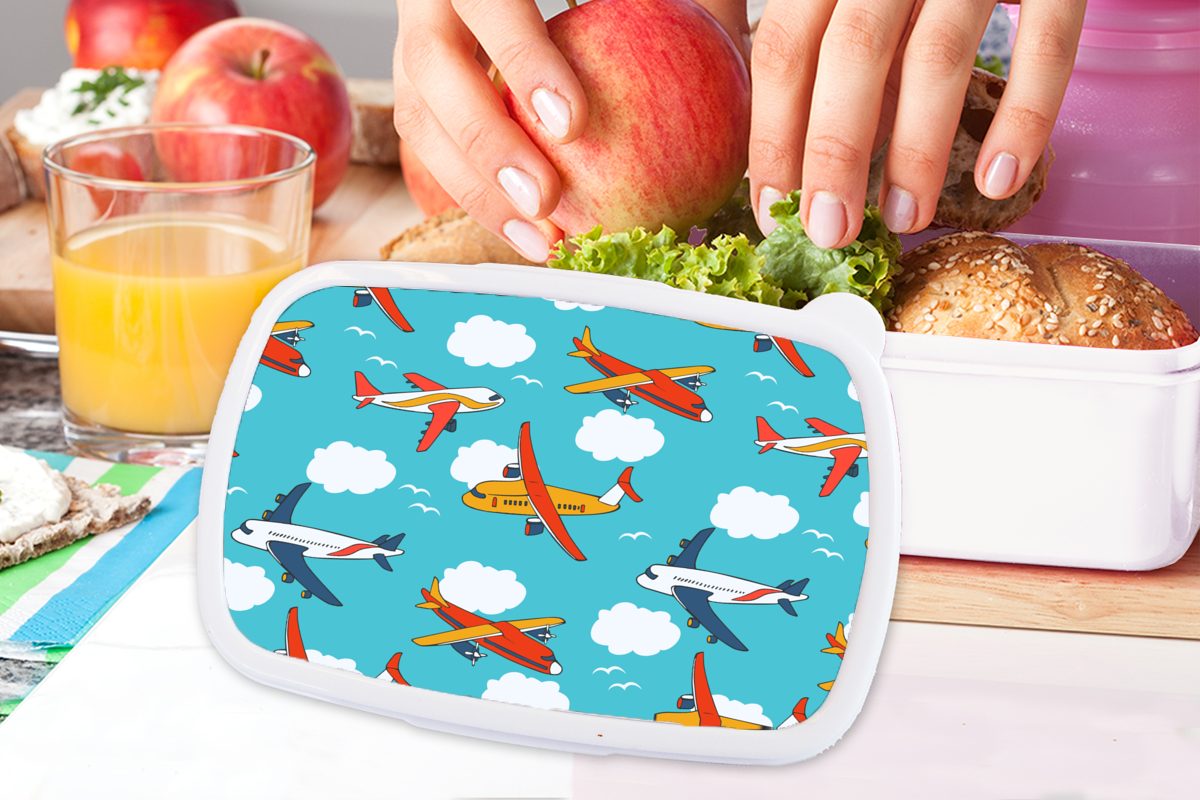 MuchoWow Brotbox Flugzeug Lunchbox Kunststoff, - Wolke und und weiß - - Mädchen Luft - (2-tlg), - Muster Jungs Brotdose, Junge Kinder - Kinder für - Kind Kinder, Erwachsene, für