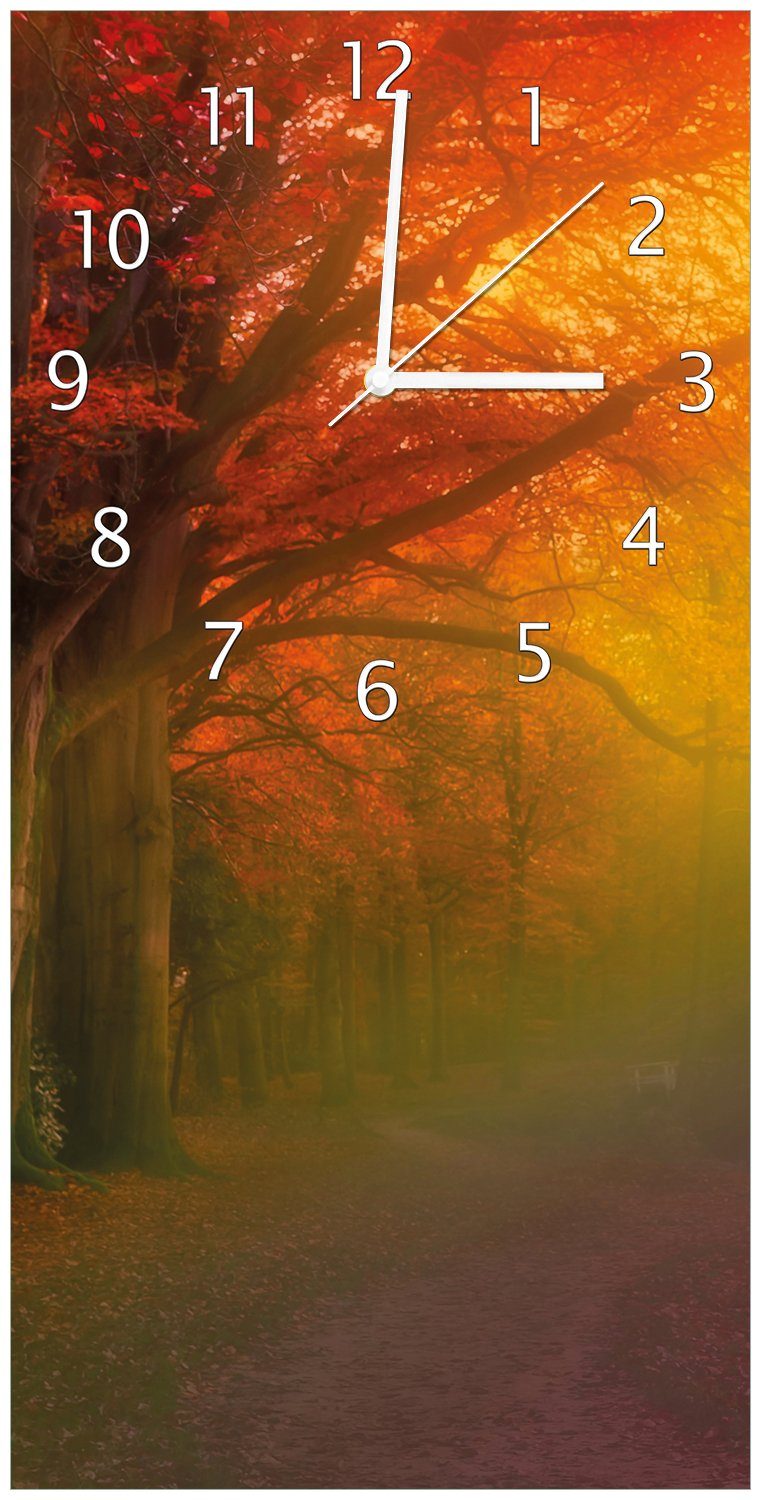 Wallario Wanduhr Bunter Herbst - Acryl) Nebel bei in Regenbogenfarben aus (Uhr Waldlandschaft