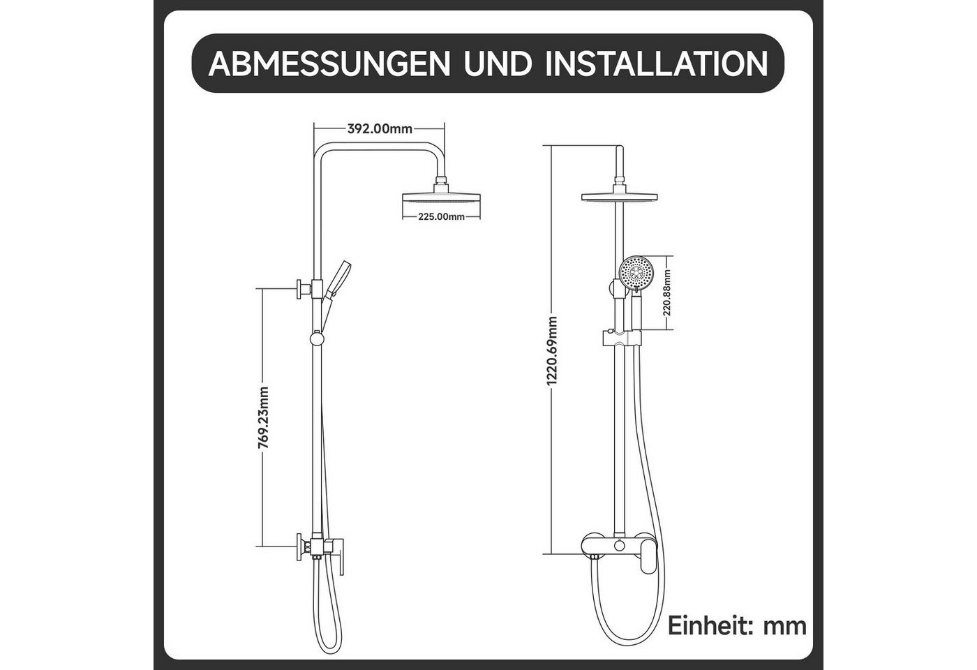 Thumbnail - Oihpaw Duschsystem Duscharmatur mit Einhebelmischer, Höhenverstellbare Duschsäule, 3 Strahlart(en), 20 cm ABS Regendusch...