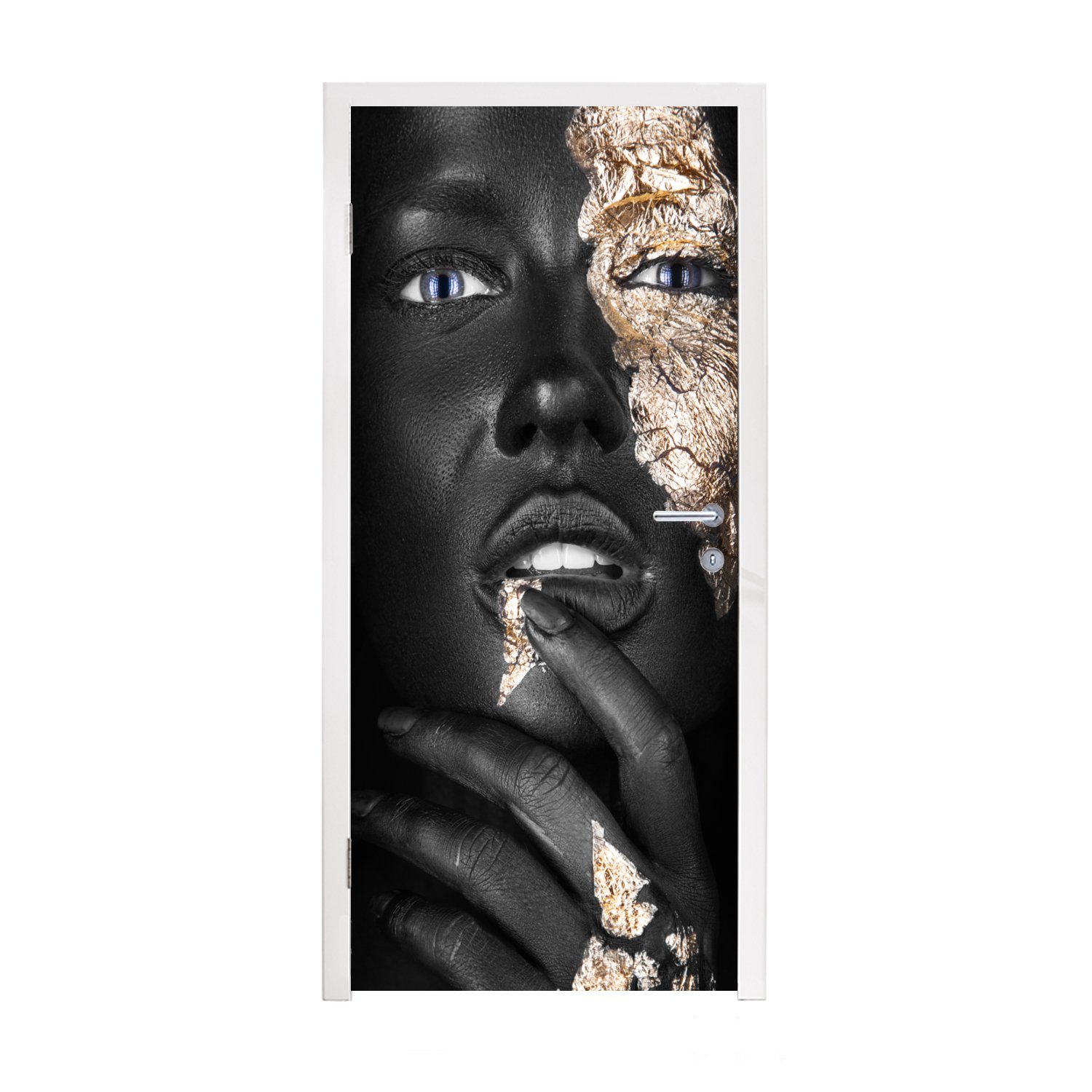 MuchoWow Türtapete Frau - Blattgold - Schwarz - Haut - Luxus, Matt, bedruckt, (1 St), Fototapete für Tür, Türaufkleber, 75x205 cm