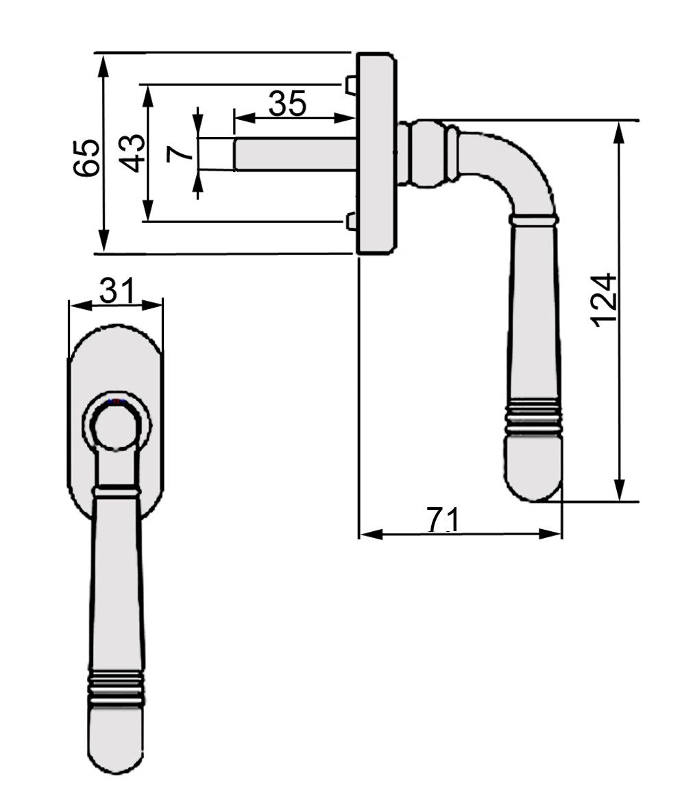 Häusler Onlinehandel GmbH Fenstergriff Fenstergriff Set FG Helena 1675 Antik Grau Rasterolive Fensterbeschlag, 1 x FG Helena Antik Grau, L: 12.4 cm, 45 Grad Rasterung