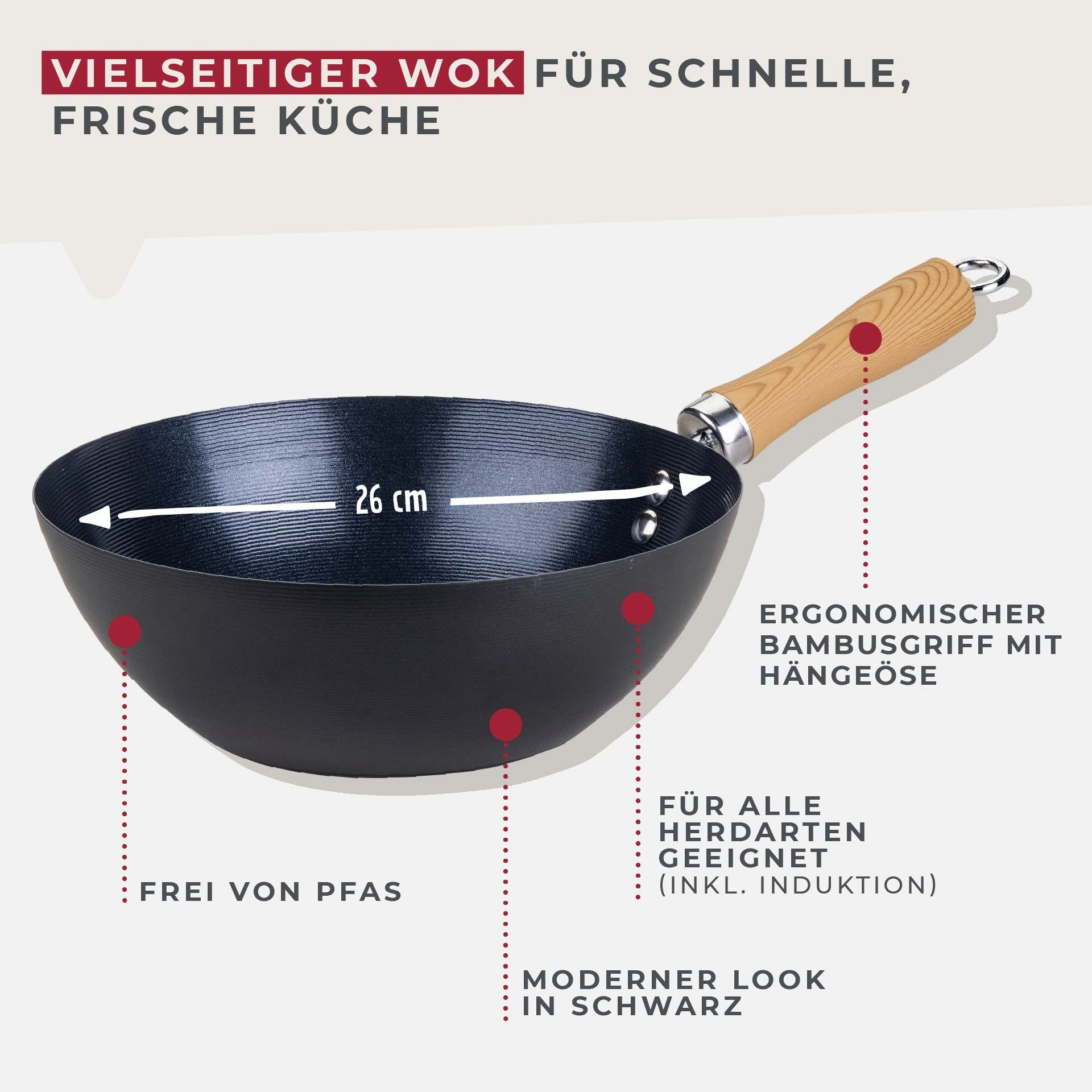 FACKELMANN Wok Antihaft-Wokpfanne, Karbonstahl-Wok, Asiatische Bratpfanne