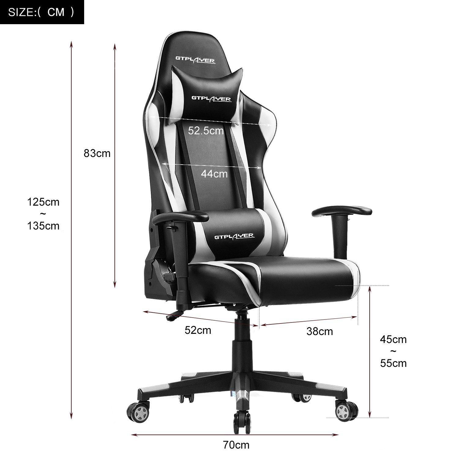 90°-165° Bürostuhl Gaming 150 Gamer bis Stuhl, kg belastbar, ergonomischer Stuhl Neigungswinkel Gaming-Stuhl Sessel Gaming GTPLAYER weiß