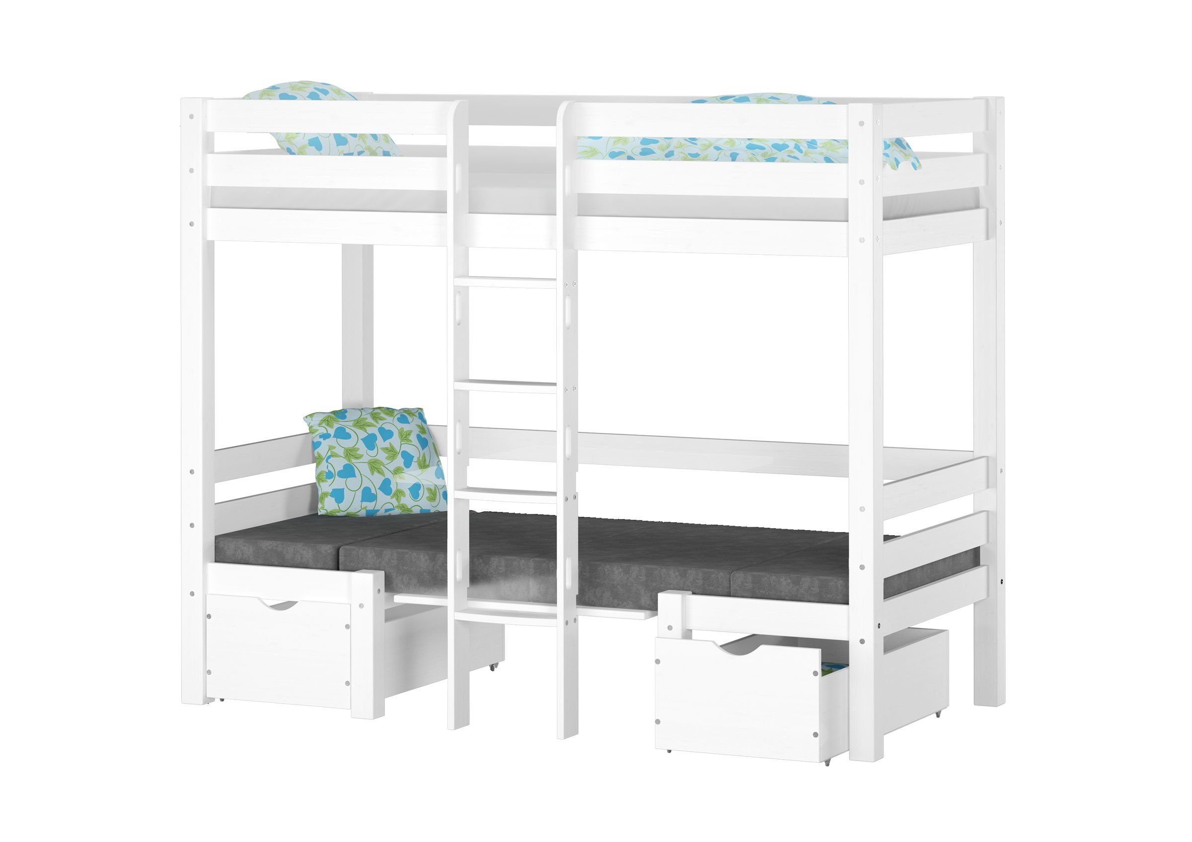 ERST-HOLZ Etagenbett Kinderetagenbett mit Sitzbank Tisch weiß Kiefer und massiv