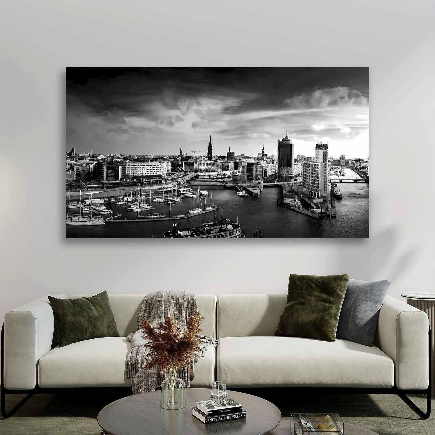 Artedinoi Leinwandbild Hamburg Skyline Hafen schwarz weiss Leinwandbild Wandbild Kunstdruck