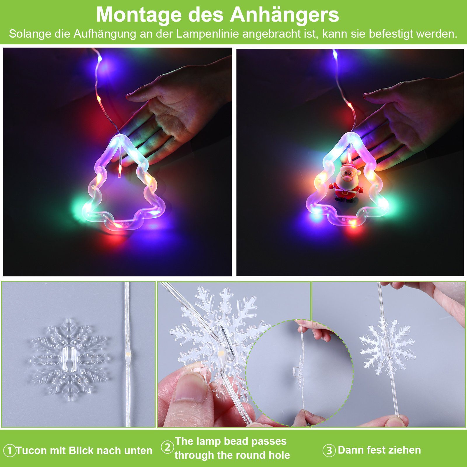 Rosnek LED-Lichtervorhang 3M 100LEDs, 8 Modi, Batterie/USB, für Wohnzimmer Schlafzimmer, mit weihnachtlichen Ornamenten; Fenster Deko