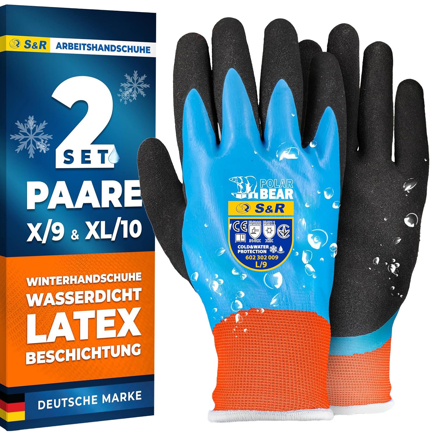 S&R Arbeitshandschuhe PROFI Wärme-Arbeitshandschuhe, 3/4 Anti-Rutsch Wasserdicht (Set, 4-St., 2 Paar L / 9) gefütterte wasserdichte Thermo-Schutzhandschuhe, Latex.Beschichtung