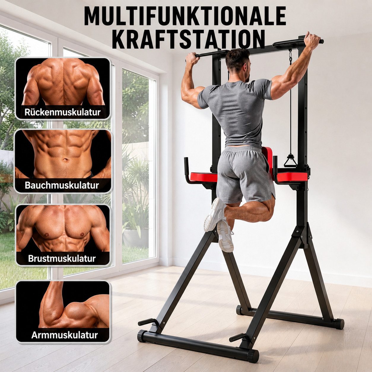 ZAISZE Kraftstation Power Tower Multifunktionale Kraftstationen für Zuhause, (Fitnessstation, Ergonomisch Kraftstation - mit Klimmzugstange, 9-fach Höhenverstellung, Dip-Station Klimmzugstange Freistehend), 163–243 cm, Elastikband, Klimmzugstange Freistehend für Home Gym